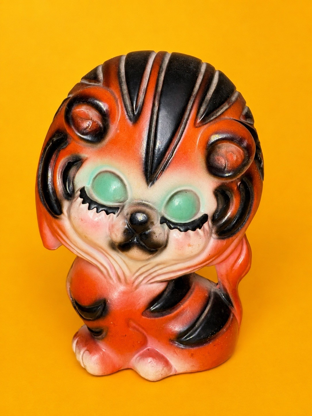 🐯 CUTE Vtg 1960s LEGO Japan Chalkware Eyelash Tiger Cat Coin Bank Psychedelic