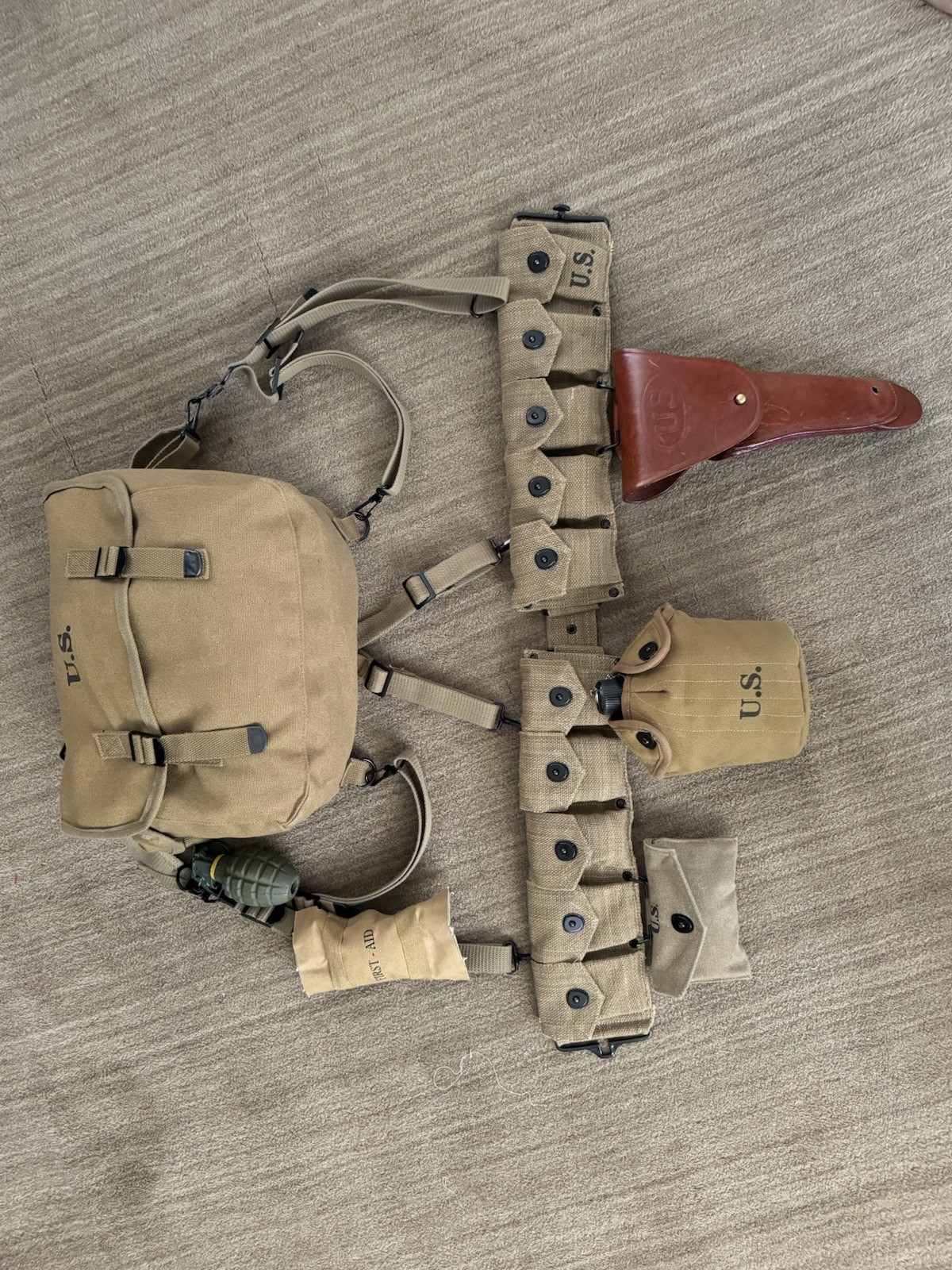 FULL SET US ARMY WWII WW2 MILITARY PARATROOPER EQUIPMENT MUSETTE M1 BELT RIFLE