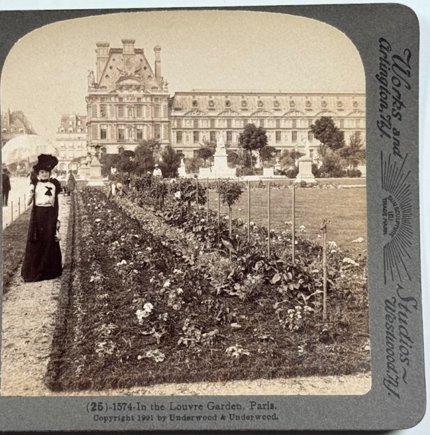 In the Louvre Garden, Paris – Elegant View of Woman & Formal Grounds Stereoview