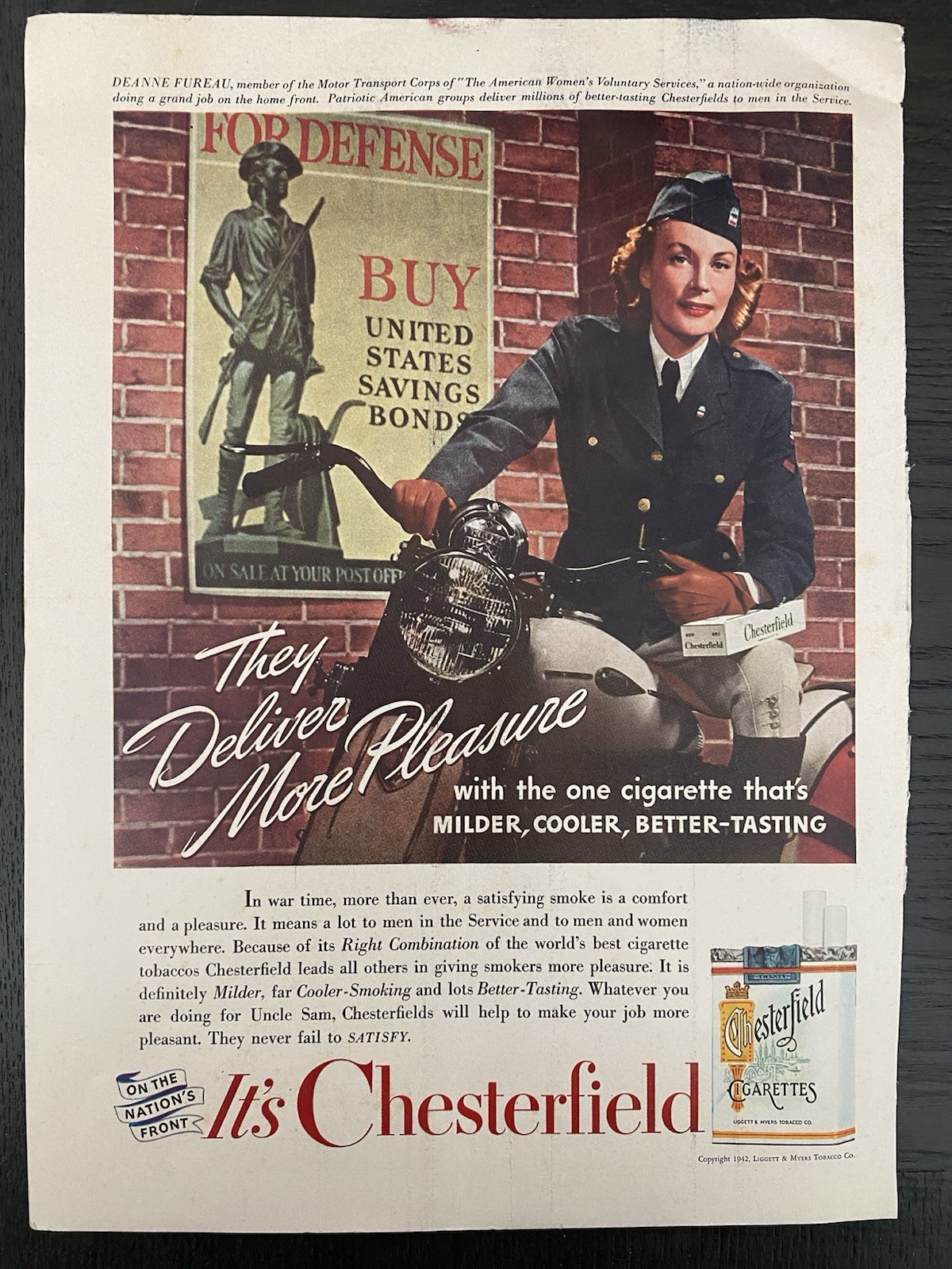 Print Ad Chesterfield Cigarettes 1942 Service Woman 8.5x11 WWII