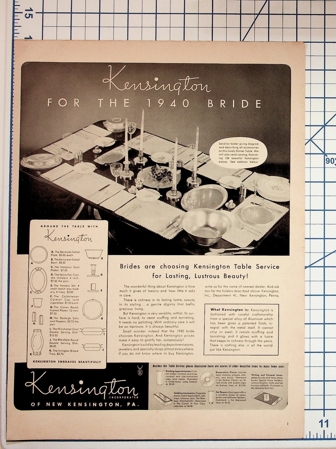 Vintage 1940 Kensington Aluminum Tableware Ad Magazine Bride Pennsylvania