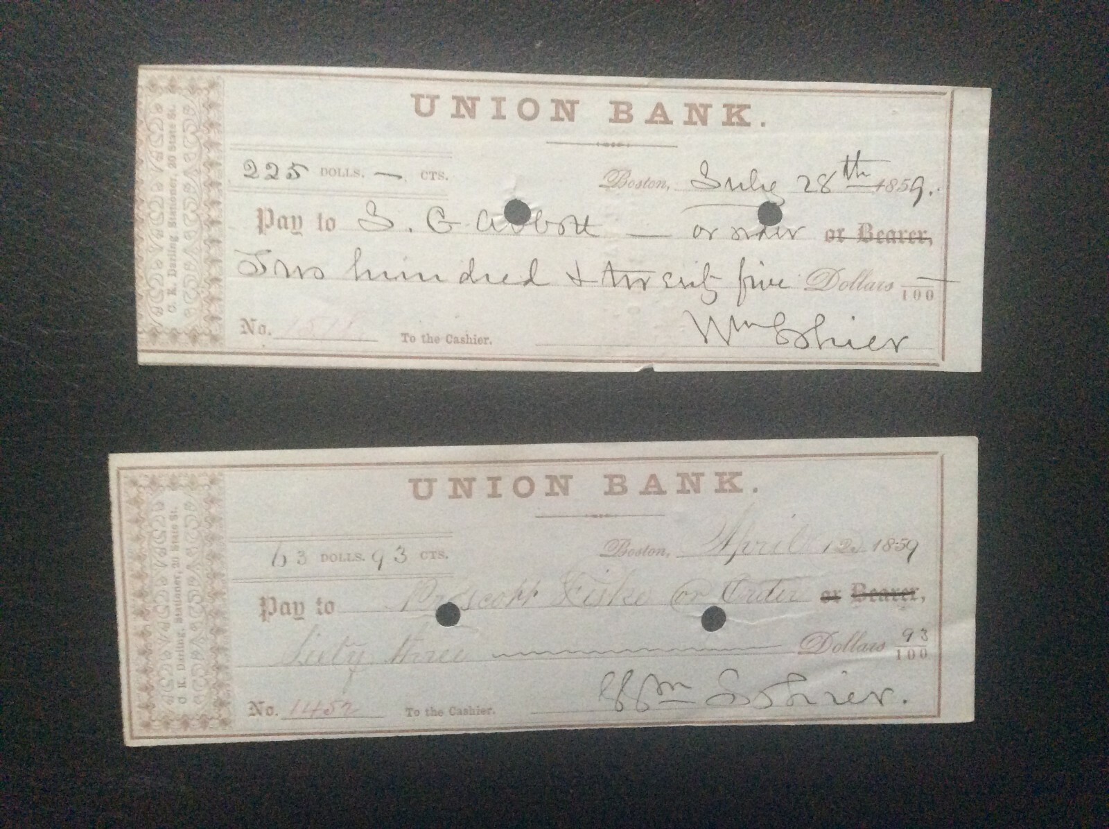 2  Checks - Union Bank   Boston 1859