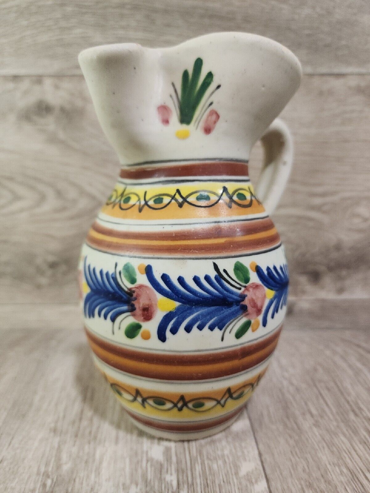 Vintage Signed Pottery Pitcher Hand Painted Multicolored  Flowers 