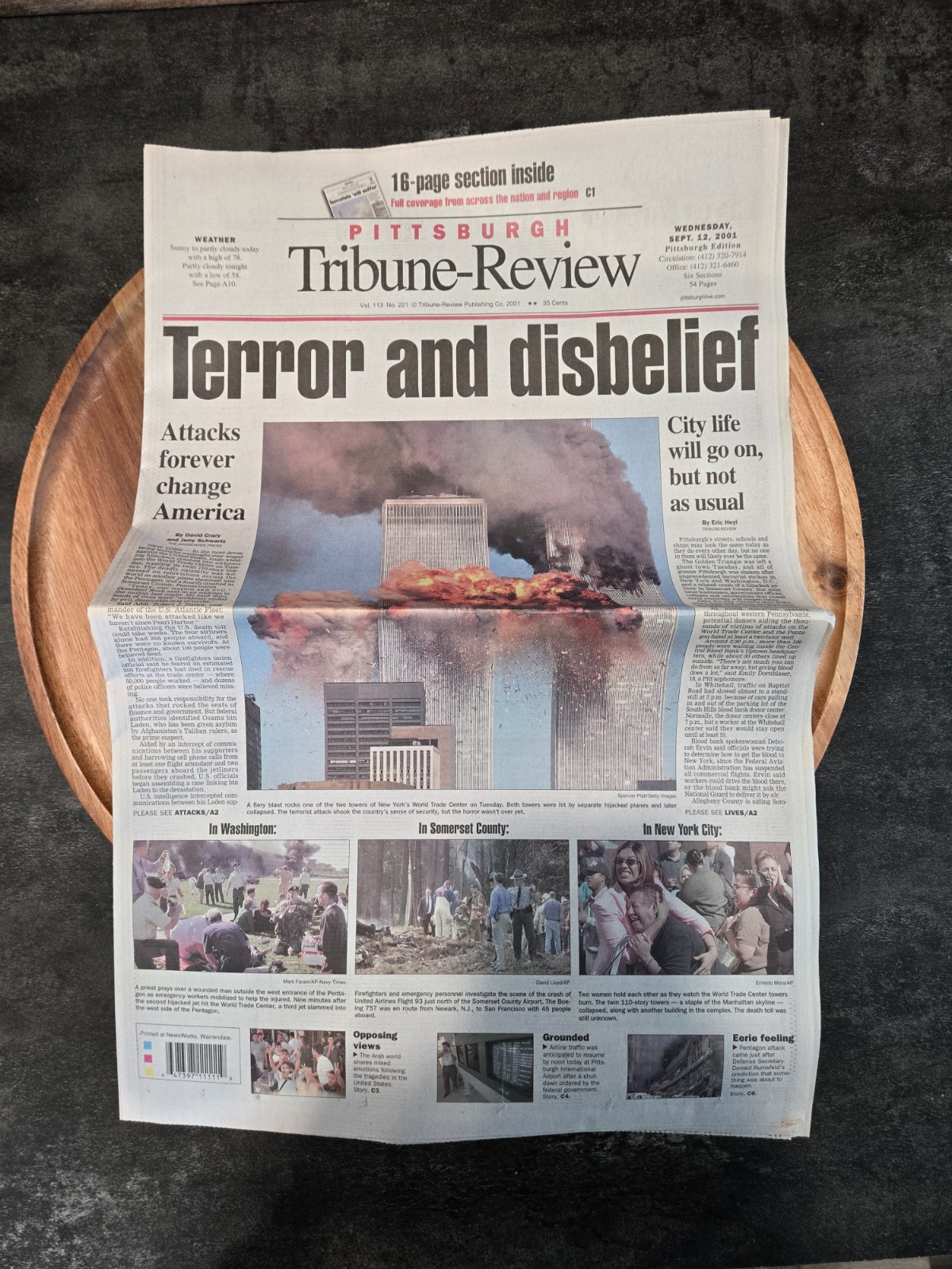 Complete 9/12/01 Pittsburgh Tribune Review Newspaper