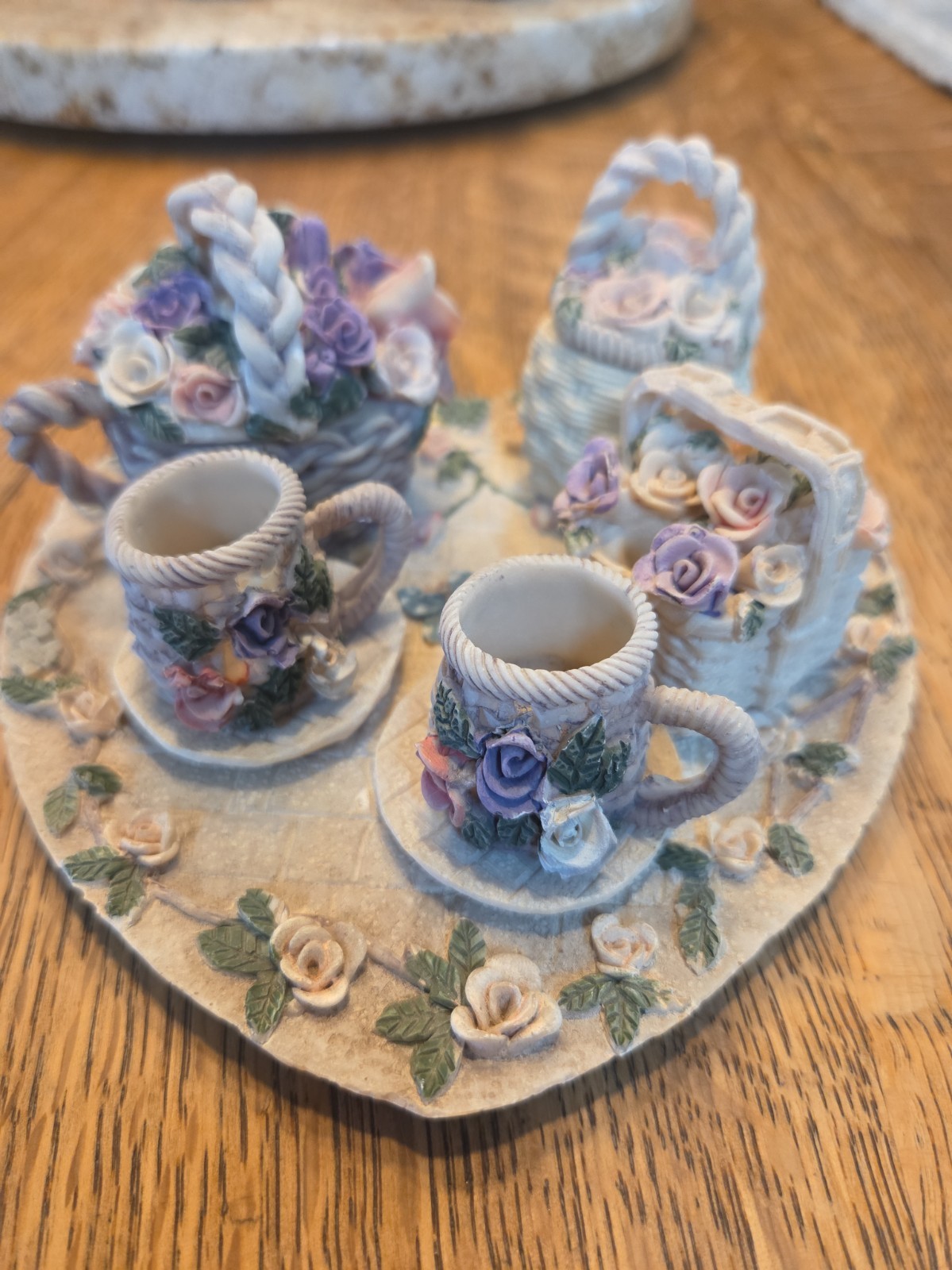 Vintage Resin Floral Purple N Pink Heart Miniature Tea Set