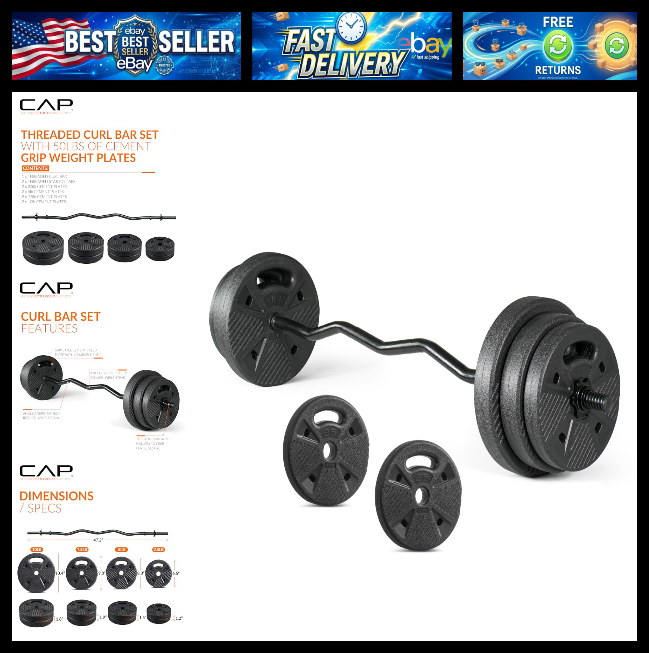 CAP Barbell Threaded Curl Bar Set with 50 LB Cement Grip Weight Plates | EZ Curl