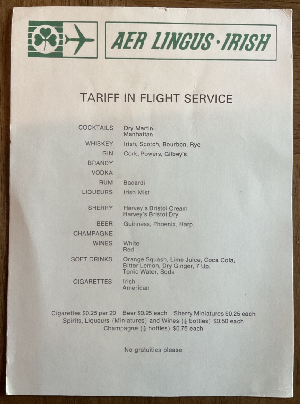 RARE Aer Lingus Airline Tariff In Flight Service Card