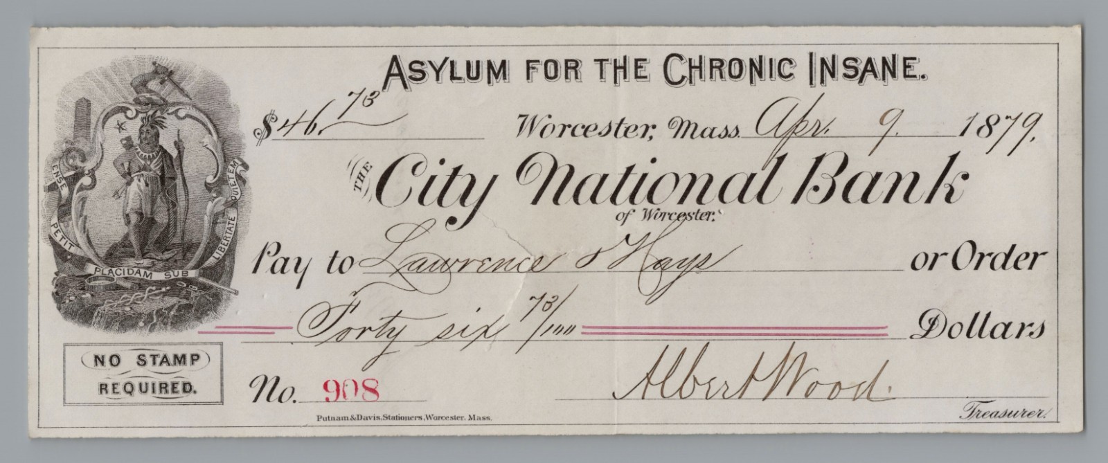 1879 Bank Check ASYLUM FOR THE CHRONIC INSANE  Worcester MA - Nice