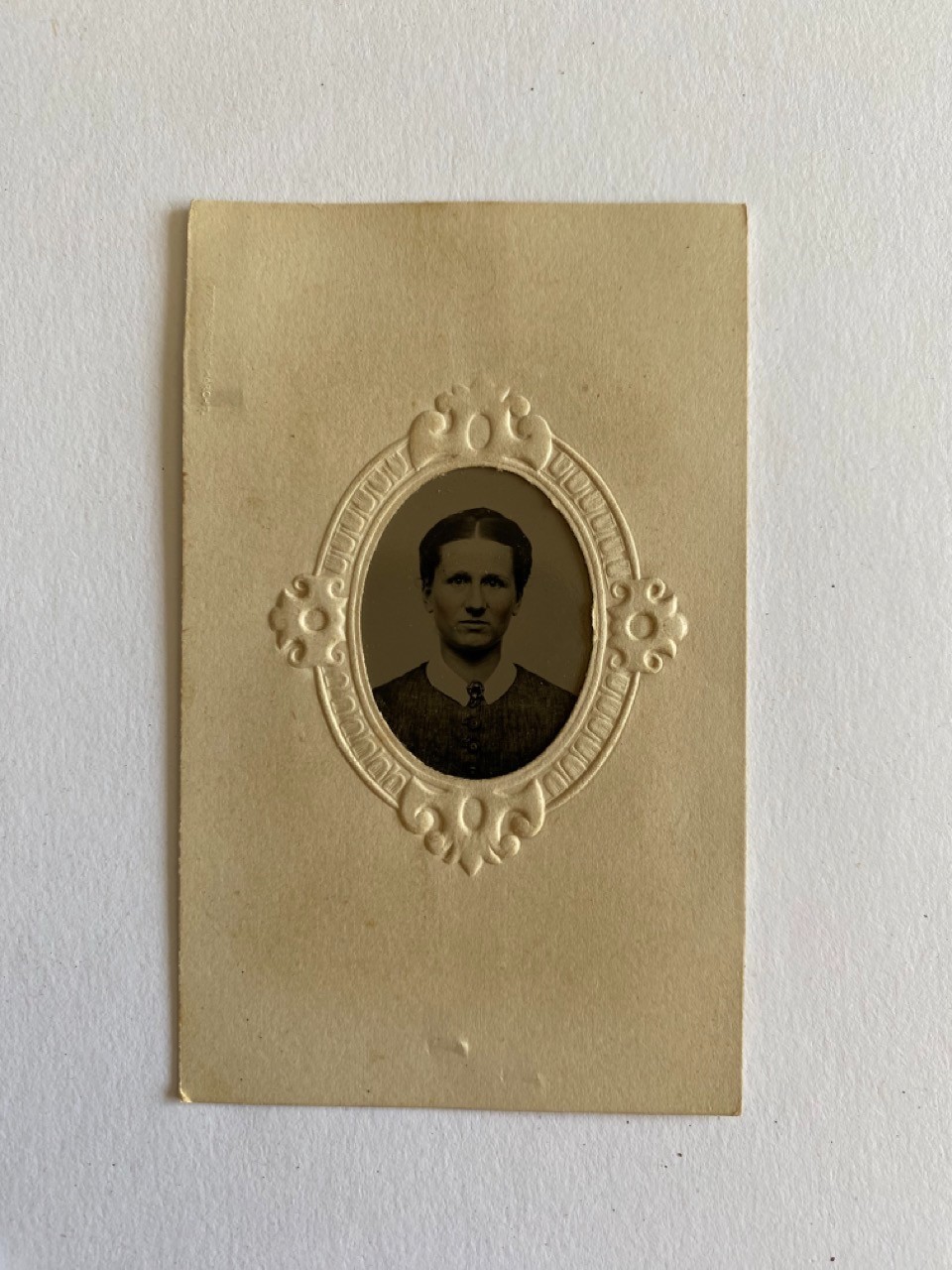 Antique Tintype Identified Woman Portrait Oval Mount c1870s Jordan Bros Utica NY