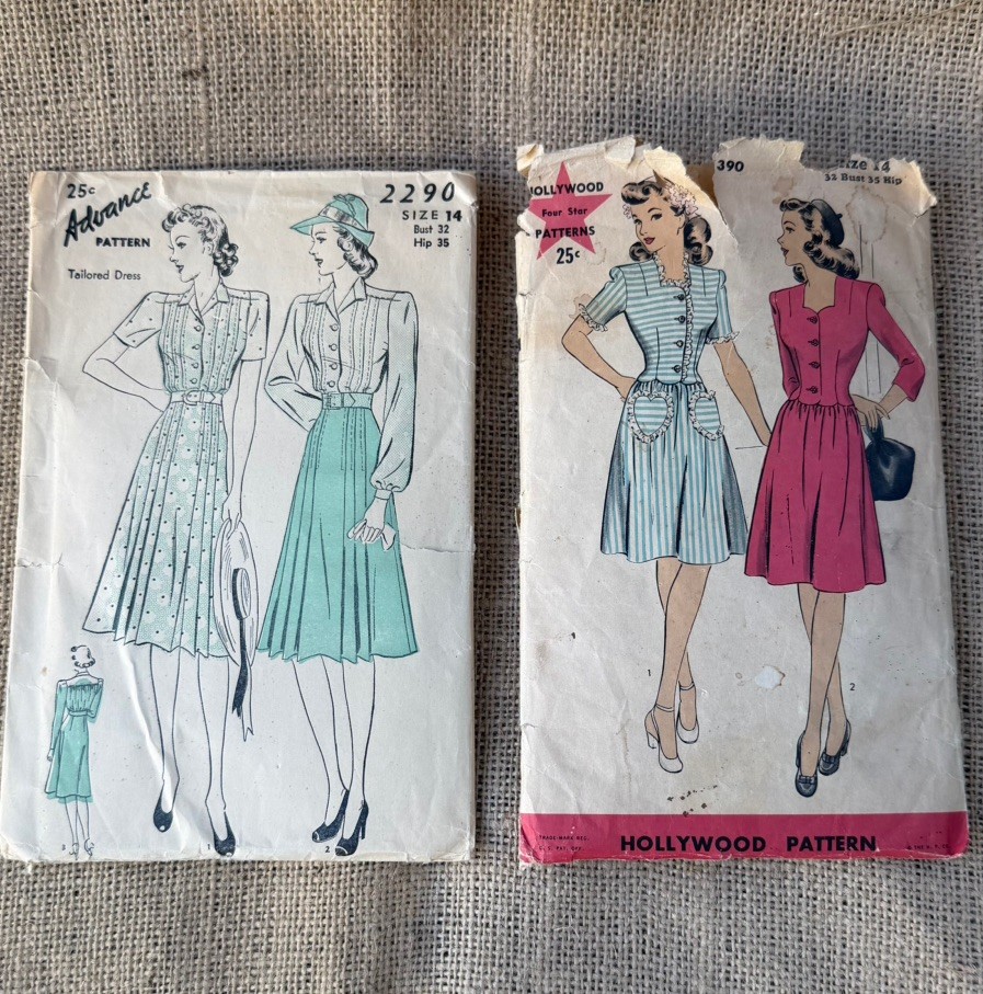 ⁠Lot 2 Vtg 1940s Dress Sewing Patterns Hollywood & Advance 2290 Size 14 Bust 32⁠