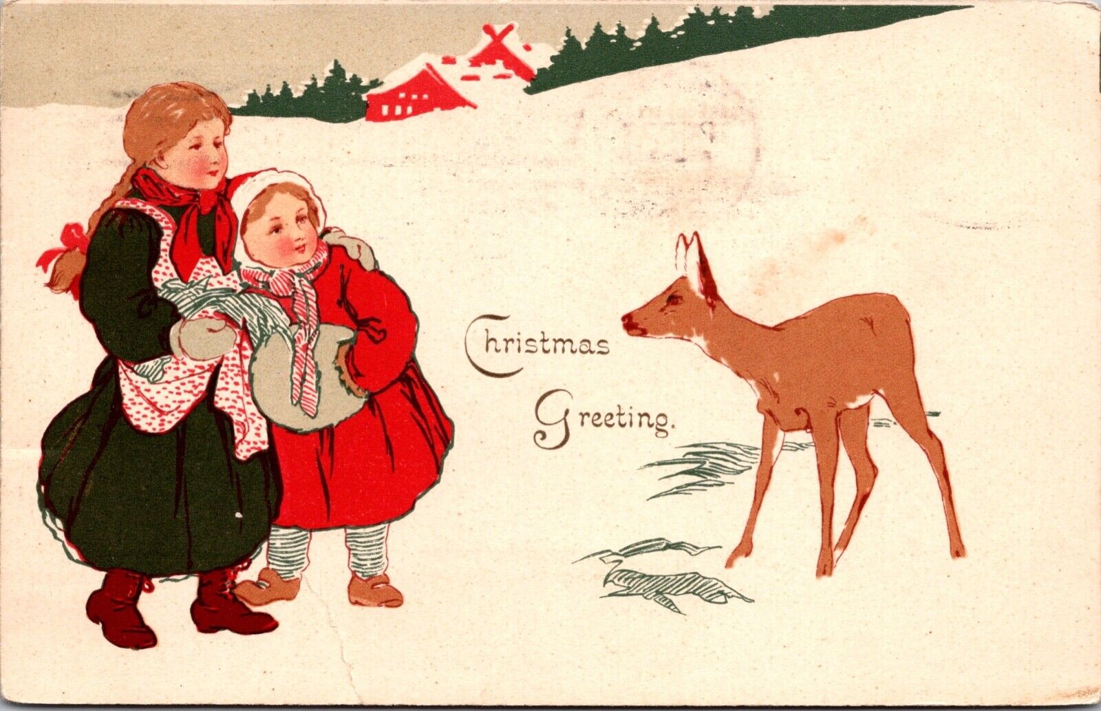 Christmas Postcard Children Walking Through Snow See Deer~3934