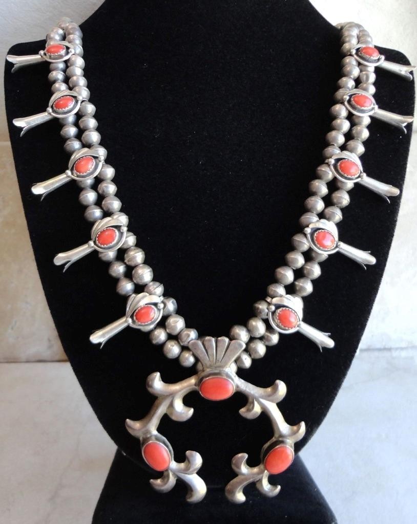 VINTAGE 1970's-80's NAVAJO STERLING SILVER CORAL SQUASH BLOSSOM NECKLACE 25.5