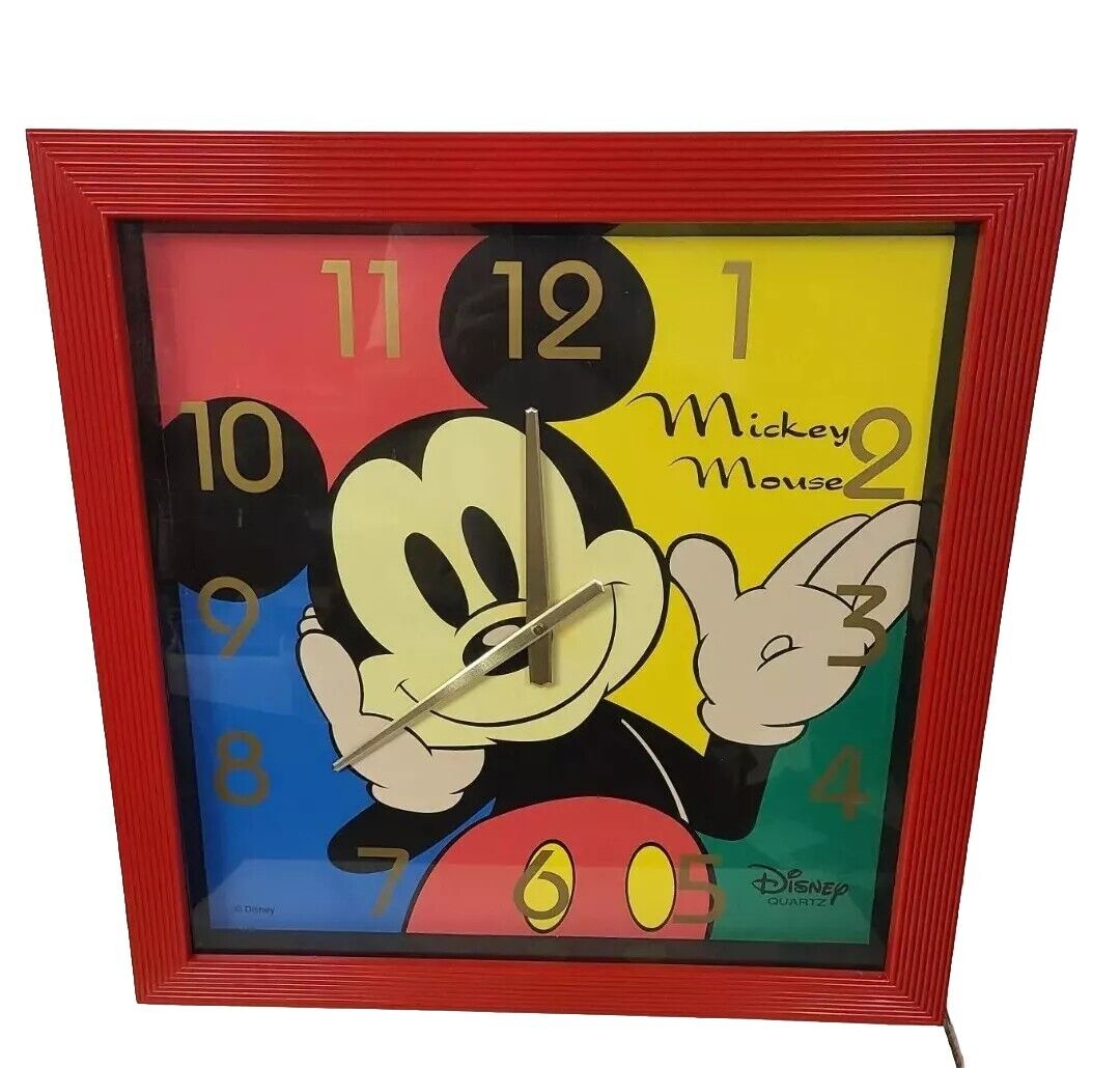 RARE LARGE DISNEY ANALOG WALL CLOCK SQUARE RED MICKEY MOUSE WORKING CONDITION 