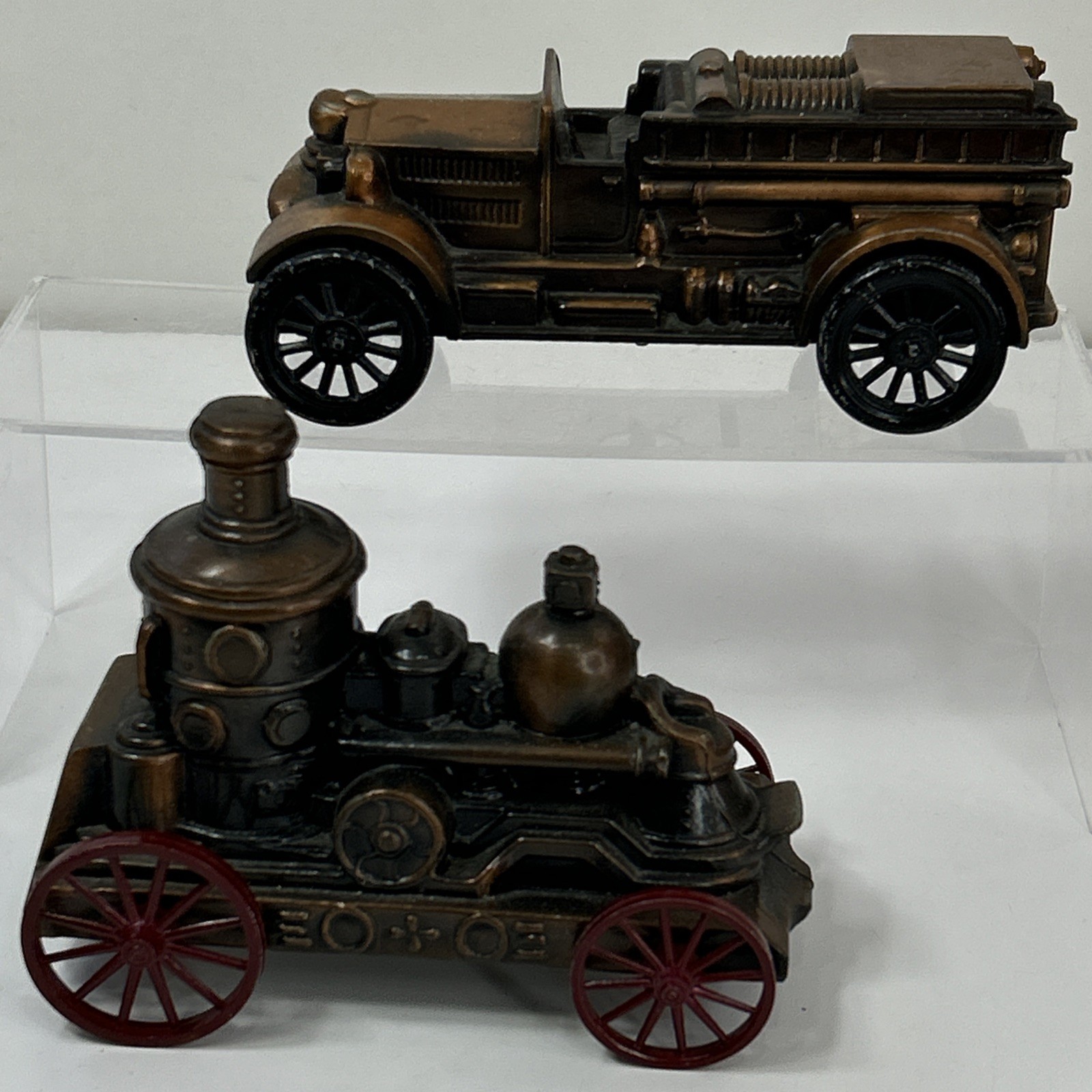 Vtg Banthrico Coin Bank Music Box Set 1924 Ahrens Fire Truck Steam Engine Bronze