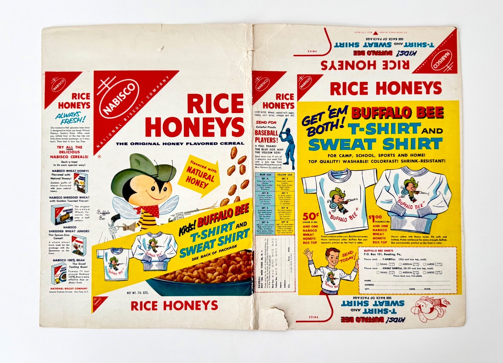 Vintage 1950s Nabisco Rice Honeys Cereal Box Printers Proof T-Shirt/Baseball Toy