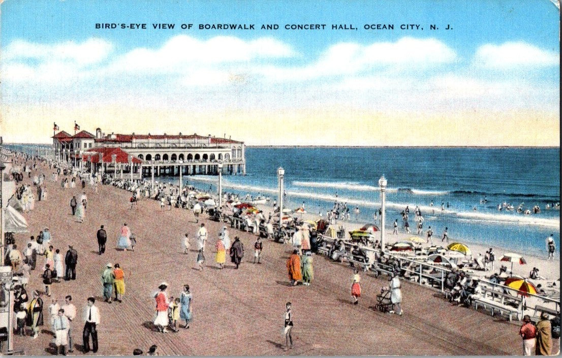 Postcard Bird\'s eye view of Boardwalk and Concert Hall Ocean City N.J