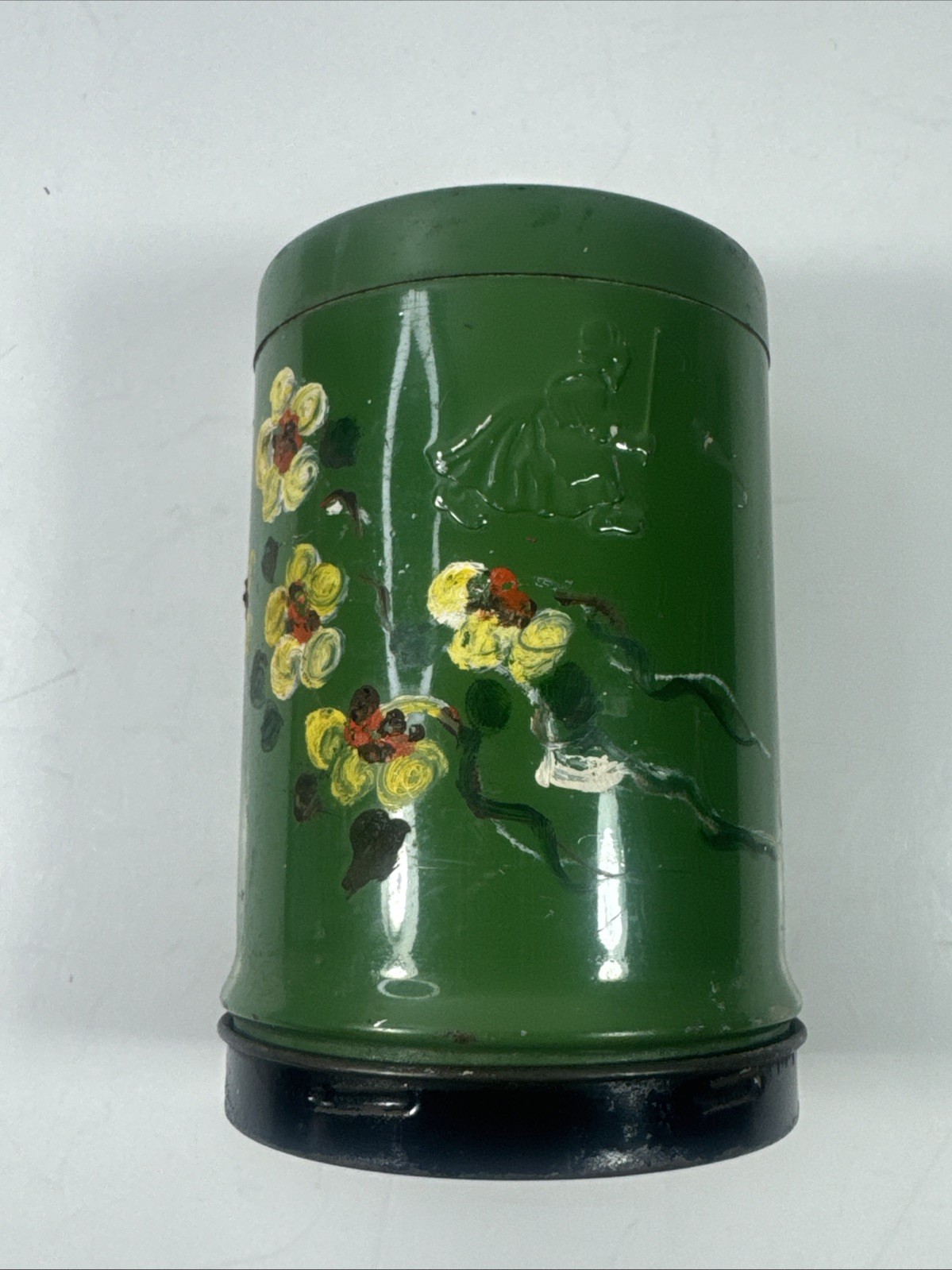 Vintage Old Dutch Cleanser Green Metal Can Shaker Holder