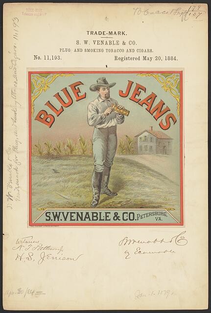 Petersburg VA 1884 S W Venable Blue Jeans Tobacco Trademark Registration