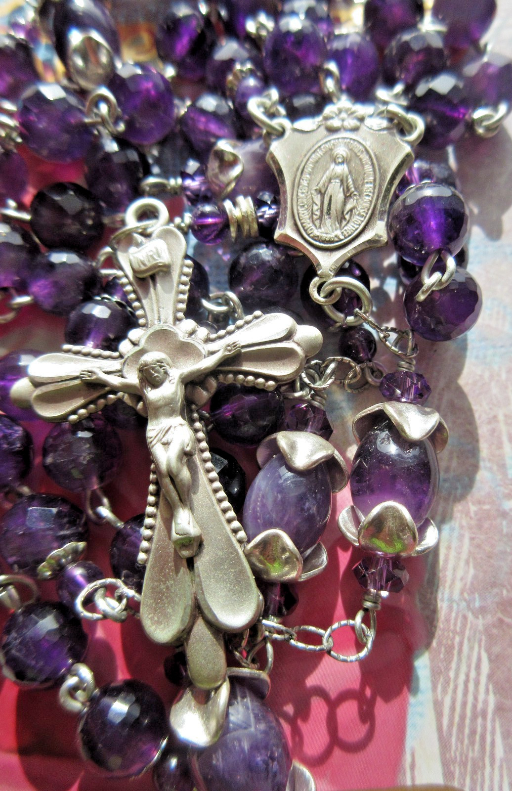 Estate Rosary w Swarovski Vintage Jet/Fushia Beads  .925 SS Blest