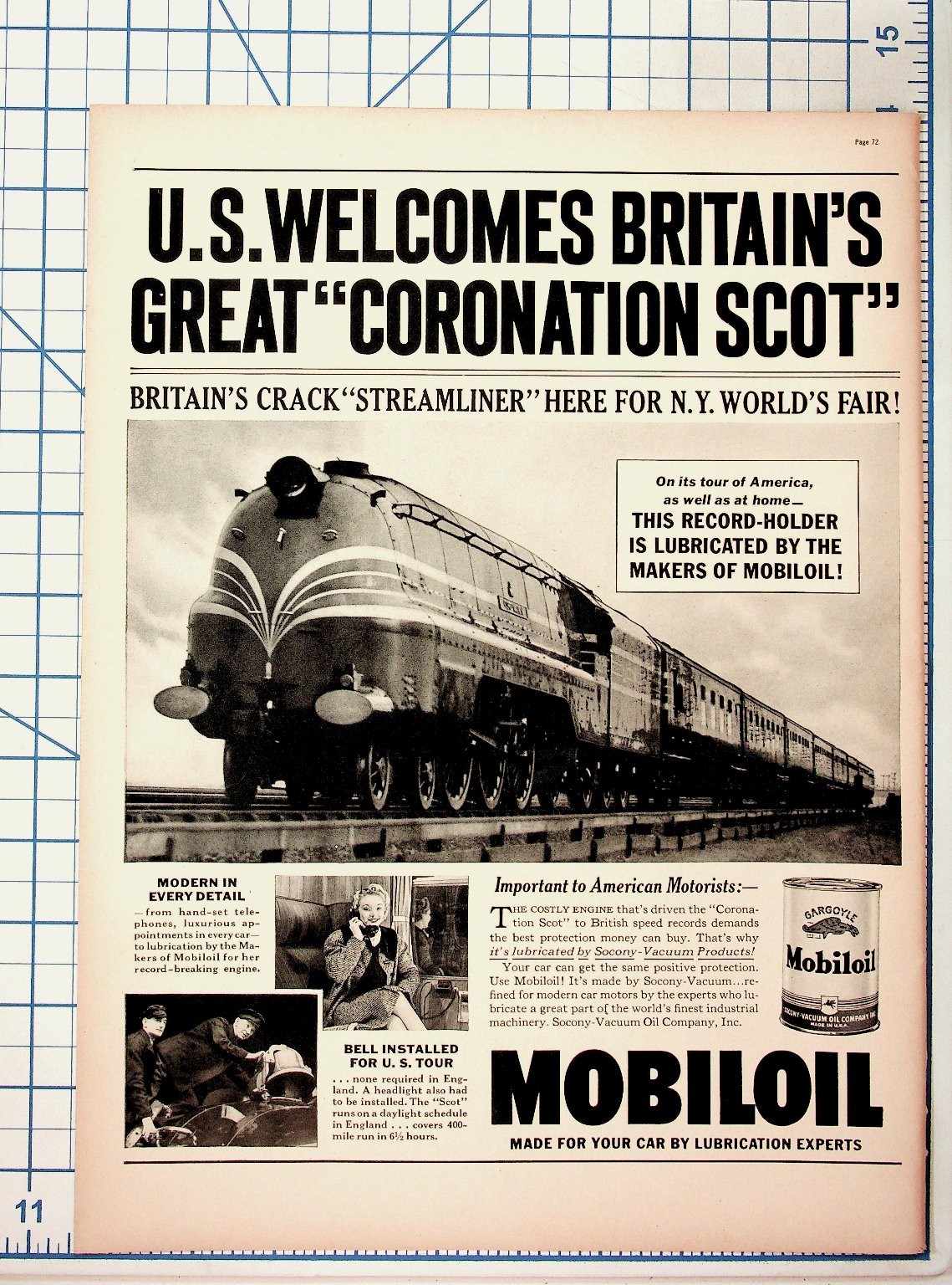 1939 Coronation Scot Train NY World\'s Fair Mobiloil Vintage Magazine Ad