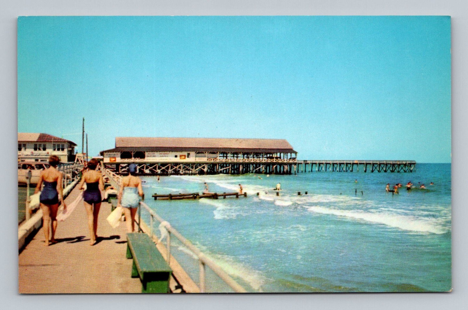 Postcard GA Savannah Beach Georgia Swimming Bathers people Dock