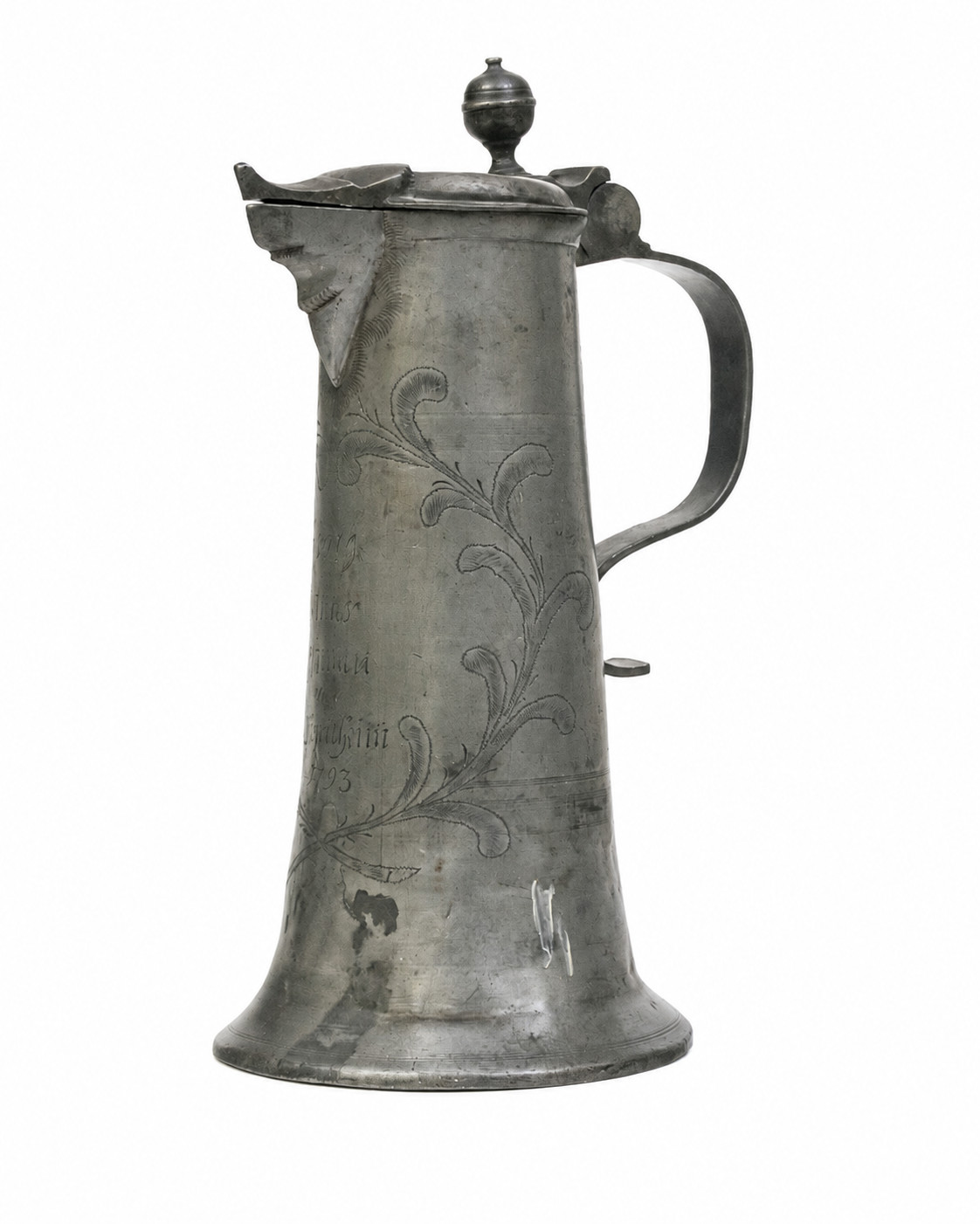 Antique 18th Century German Pewter Schnabelstitze Flagon Wrigglework Dated 1793