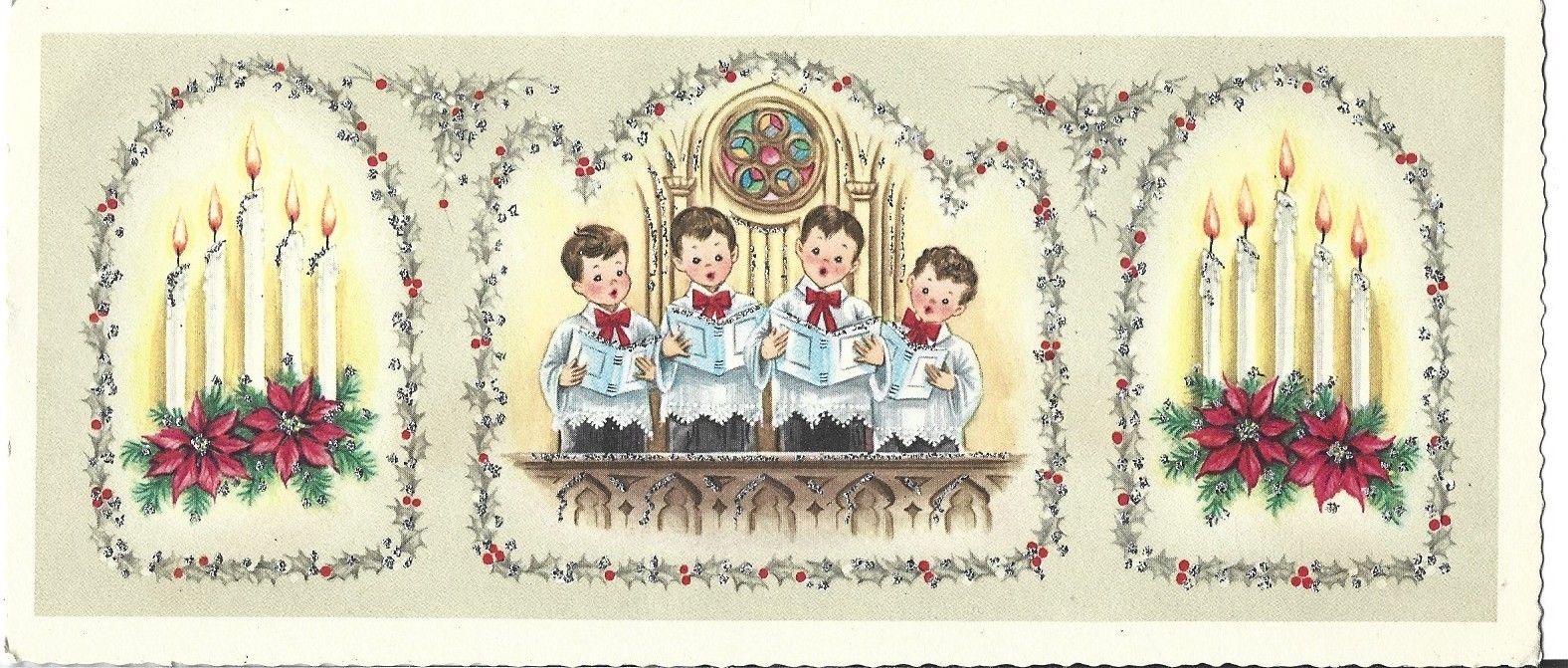Vtg Christmas Greeting Card 7.75X3.25 FOUR CHOIR BOYS SINGING IN CHURCH CANDLES