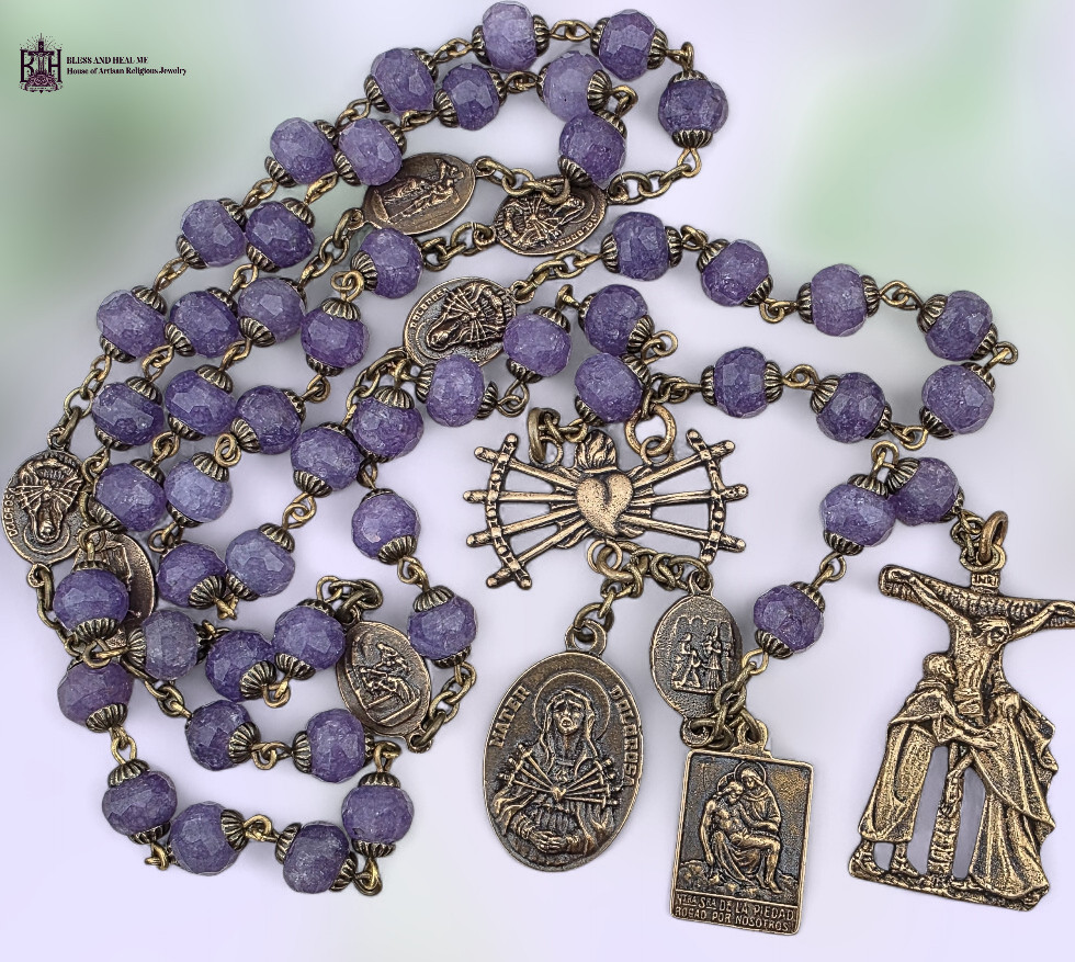 Seven Sorrows Dolores 52 beads Heirloom Chaplet | Heritage Bronze| Purple Jade