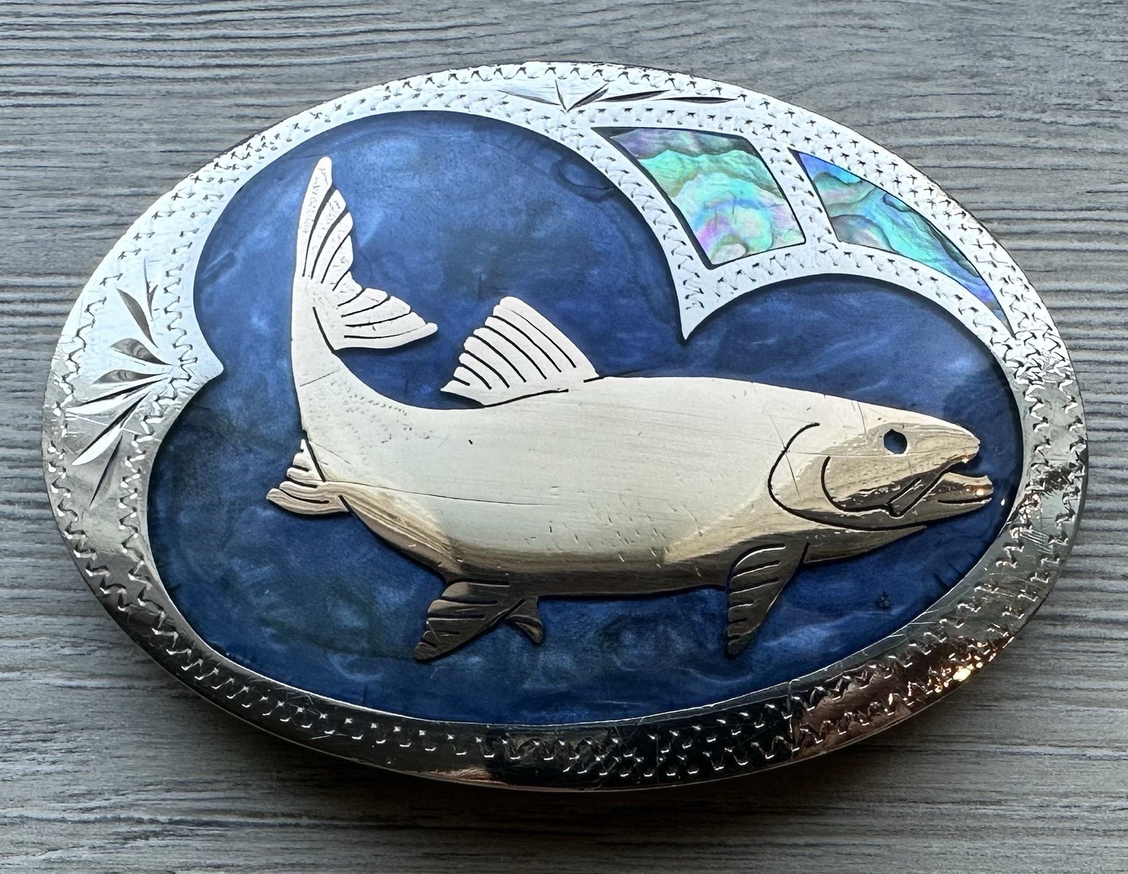 Johnson and Held Fish Belt Buckle & Salmon Inlay Silver Tone Blue
