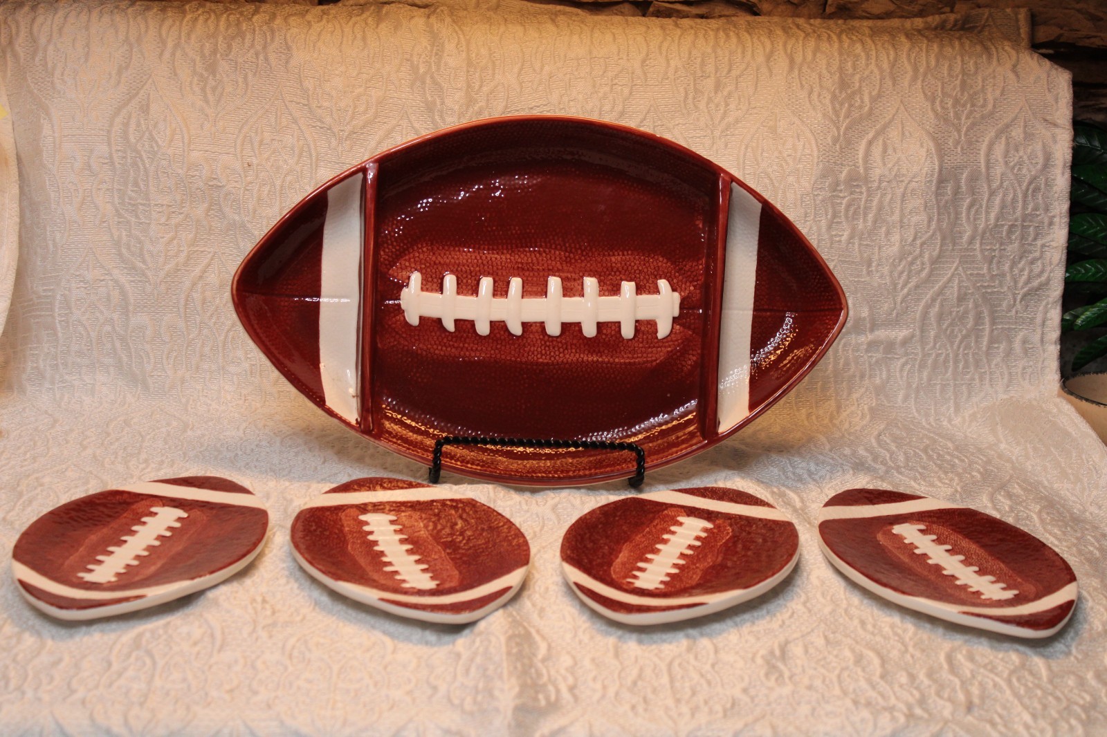 Football Snack Platter and (4) plates. Ceramic. 2004 Boston Warehouse Trading Co