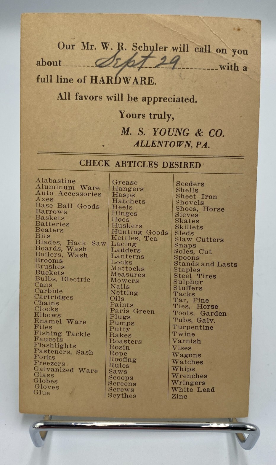 Vtg c.1930\'s-1940\'s M.S. Young & Hardware Co. Advertisement Postcard