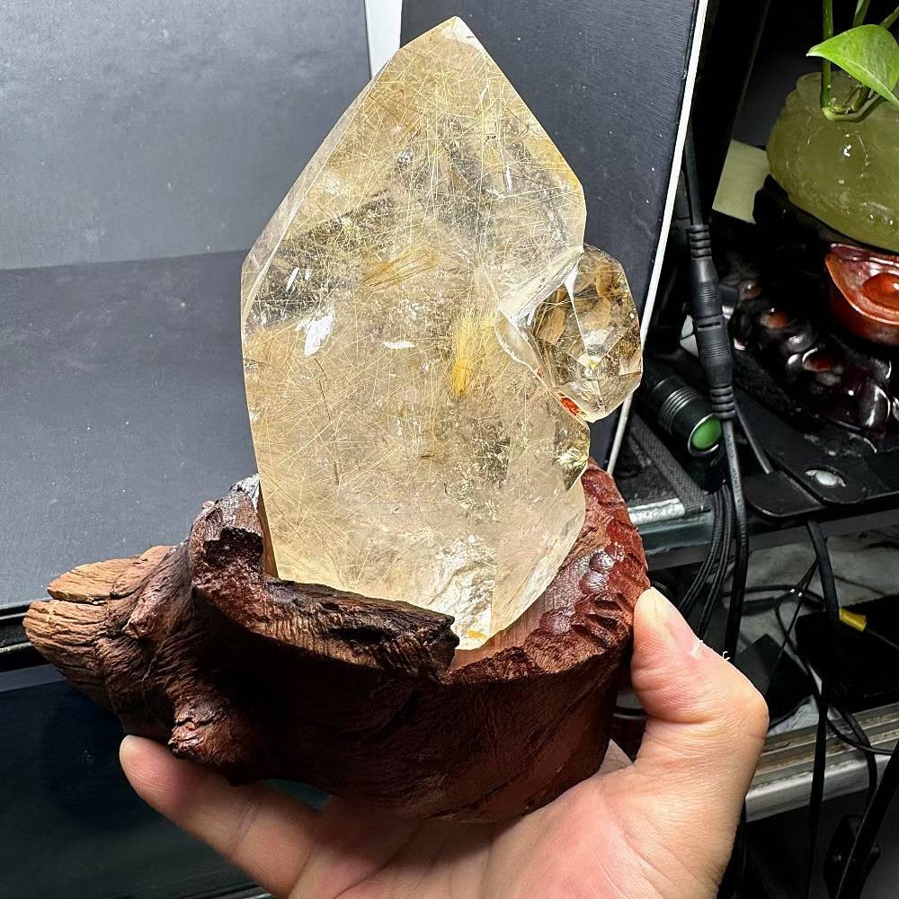 1.7LB Natural Rutilated Quartz Obelisk Crystal Mineral Reiki Decor+ Stand