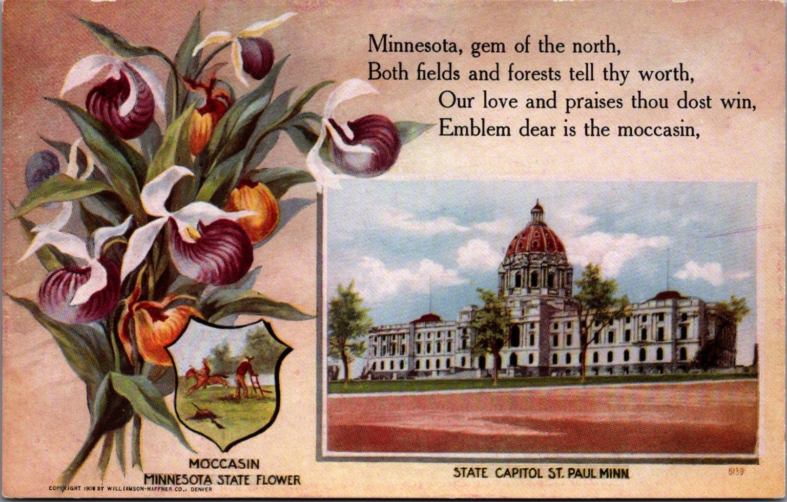 1914 Minnesota State Capitol St. Paul Moccasin Flower Poem Postcard