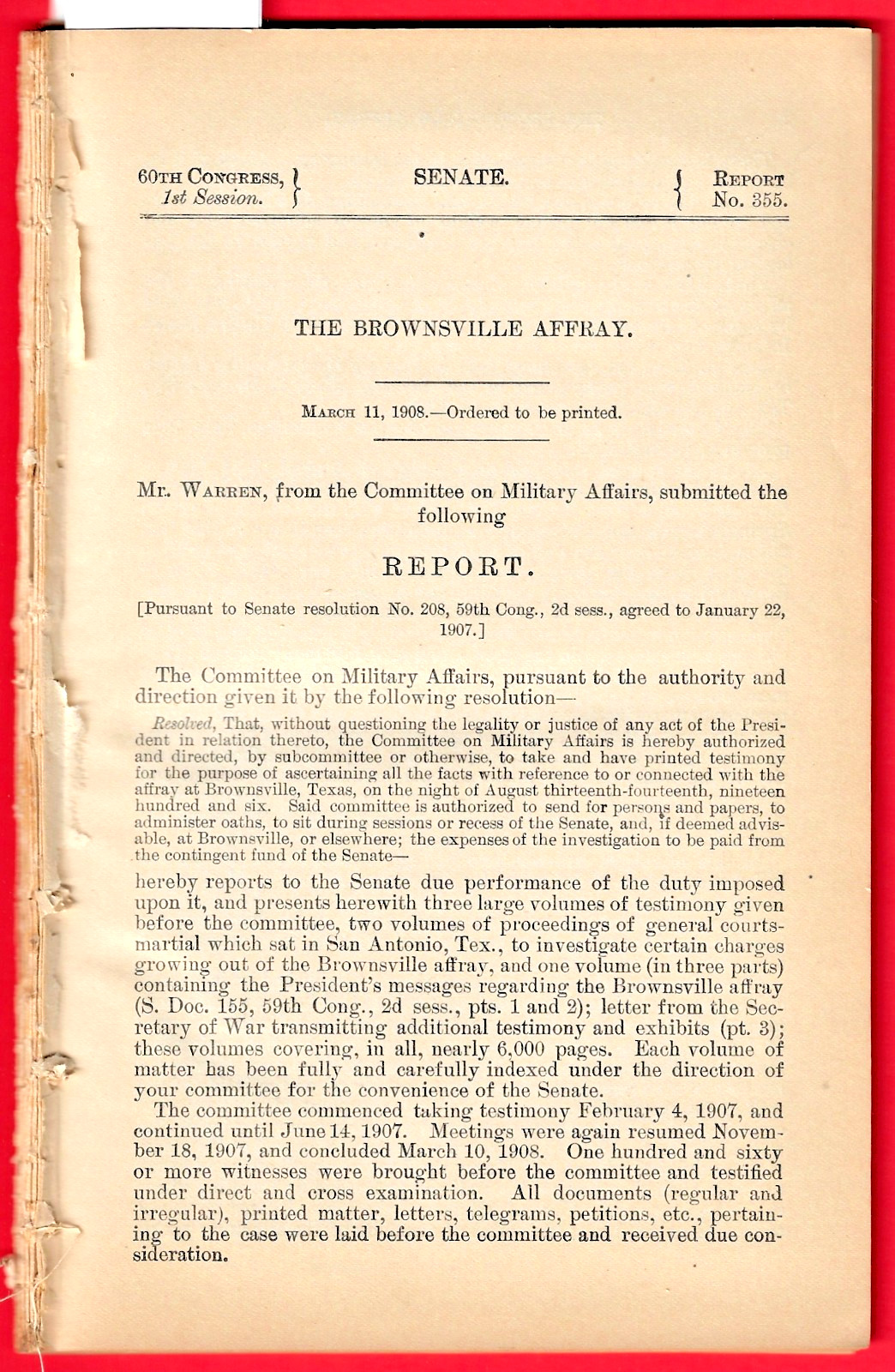 1908 Senate Doc. re. THE BROWNSVILLE AFFRAY ~ BLACK SOLDIERS FALSELY ACCUSED