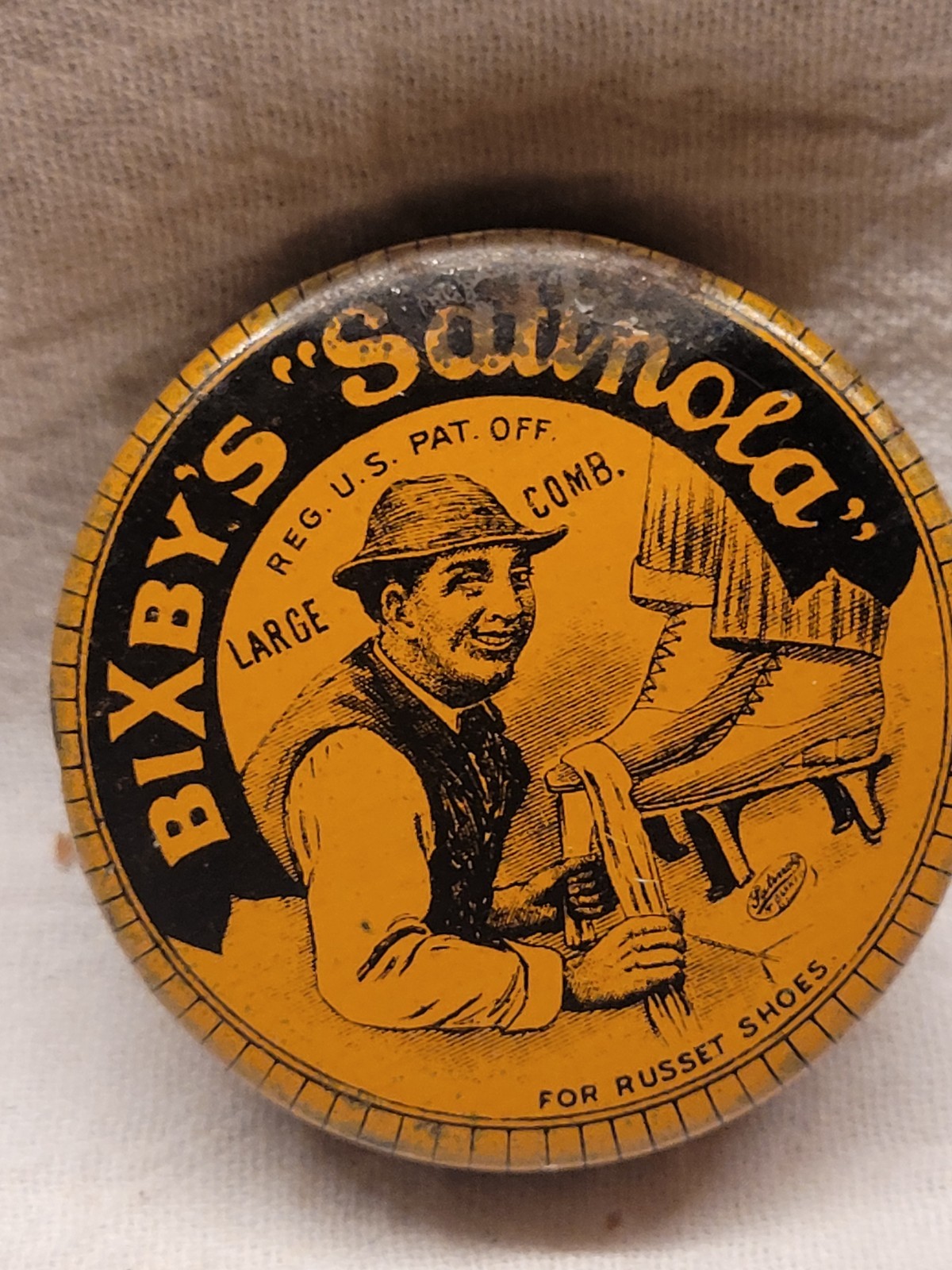ANTIQUE BIXBY\'S SATINOLA TIN LITHO SHOE POLISH CAN CLEANER AWESOME GRAPHIC Empty