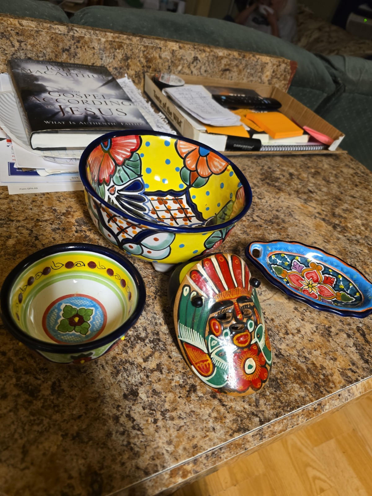 VTG Mexican Talavera Pottery Set Includes 2 Bowls, 1 Tray & 1 Wall Mask Embossed