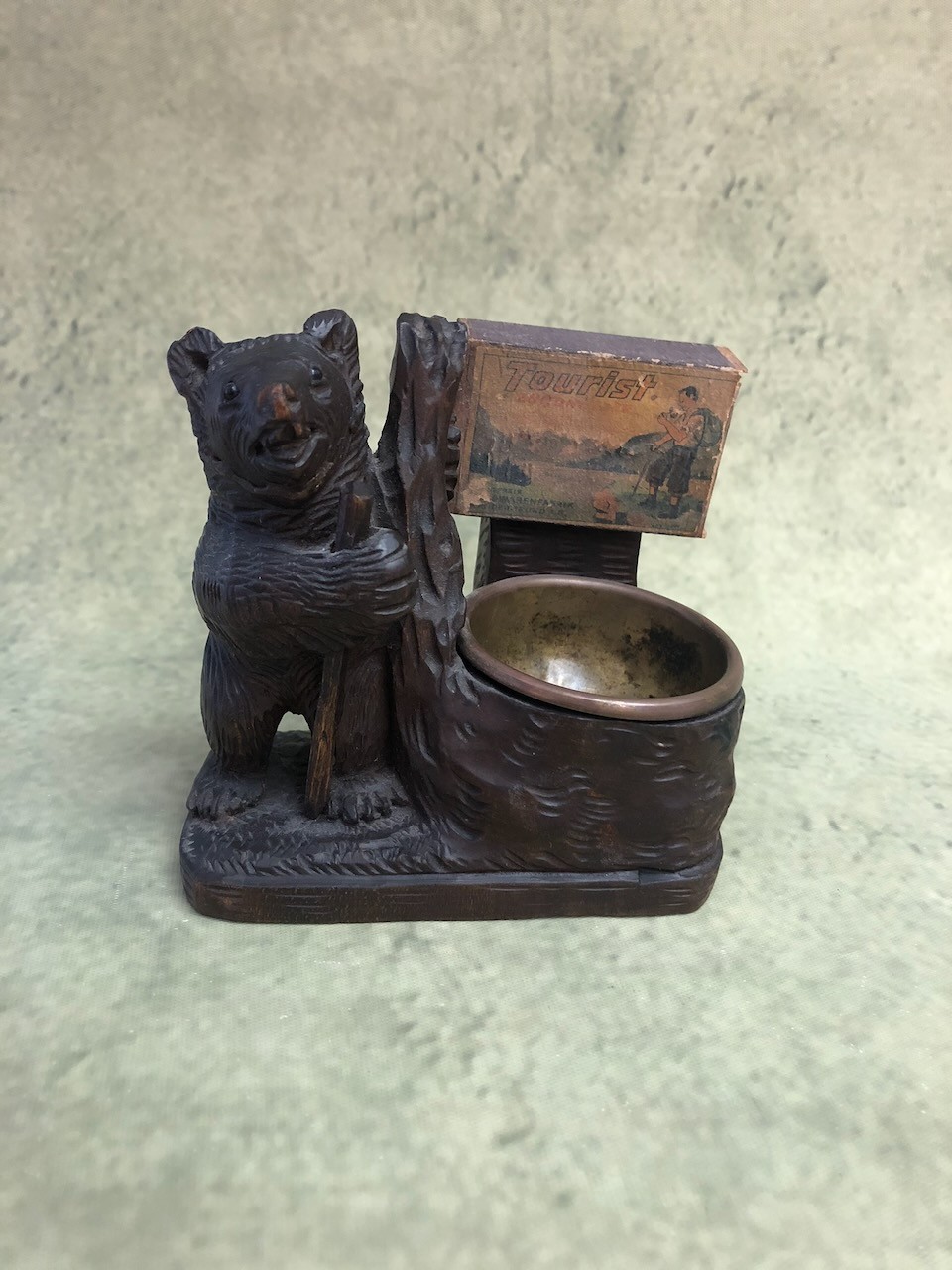 Vintage Swiss Black Forest Hand Carved Wood Bear Ashtray with Matchbook & insert