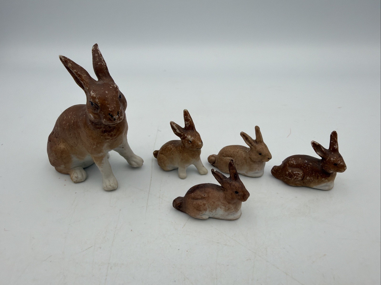 5 Antique Hertwig German Bisque Miniature Bunny Rabbits Figurines Dollhouse Putz