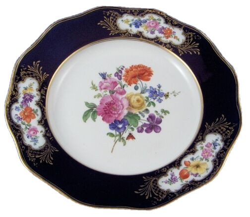 Antique 19thC Meissen Porcelain Cobalt & Floral Plate Porzellan Teller German