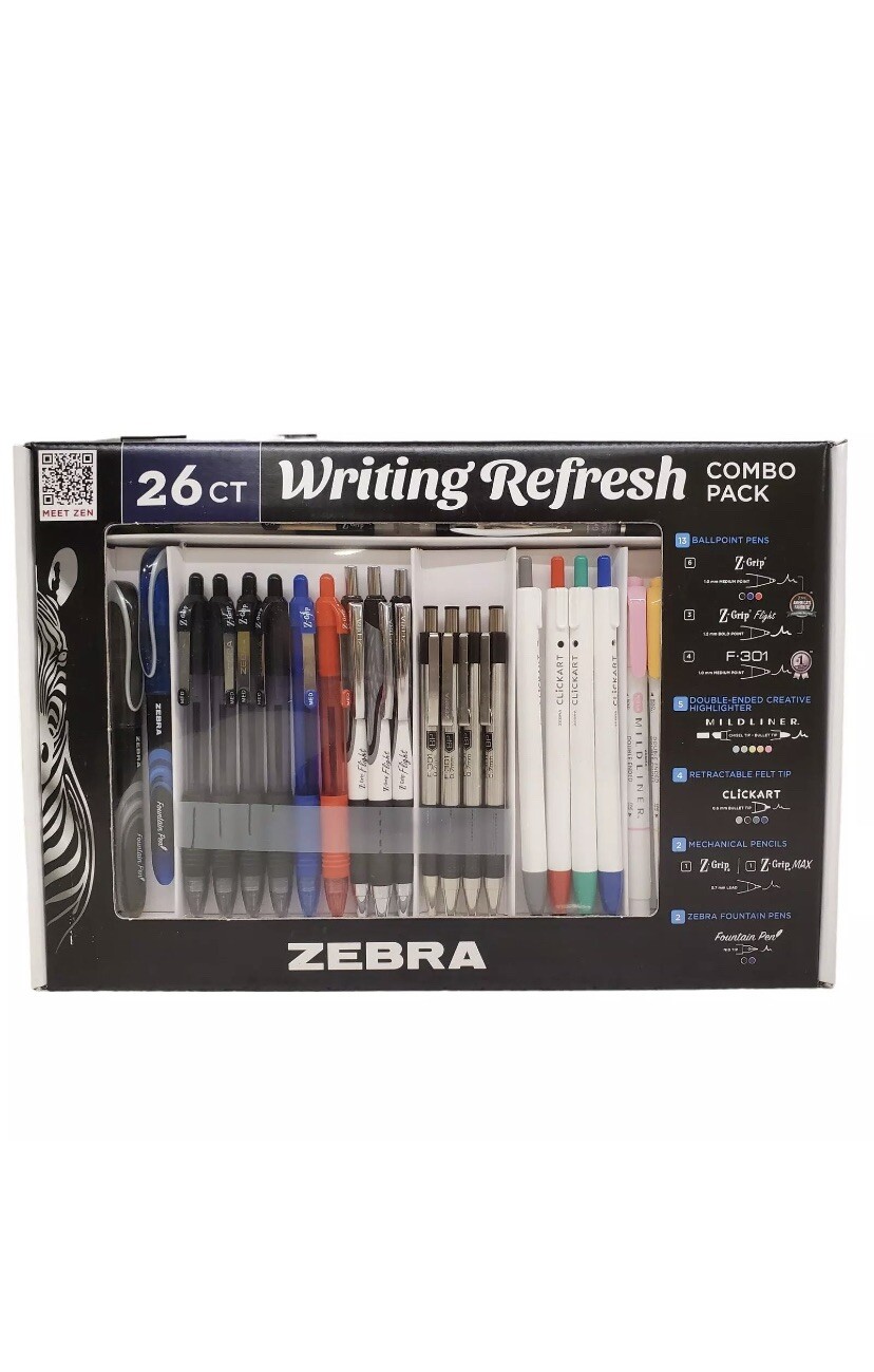 ZEBRA Pens Combo Pack Writing Refresh 26 Count Z-Grip ClickArt Fountain Pen