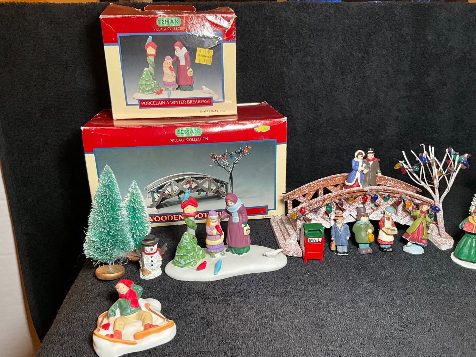 Lot of VTG Lemax Village Christmas Bridge & A Winter Breakfast & Other Villagers