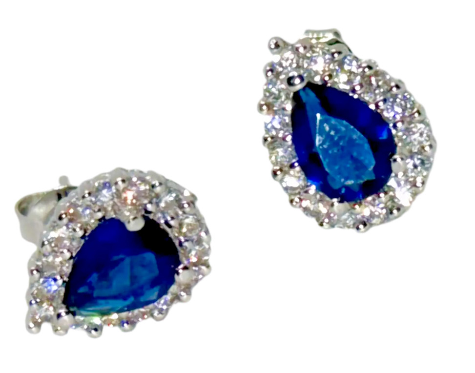 Silver-Tone Blue Teardrop Rhinestone Stud Earrings