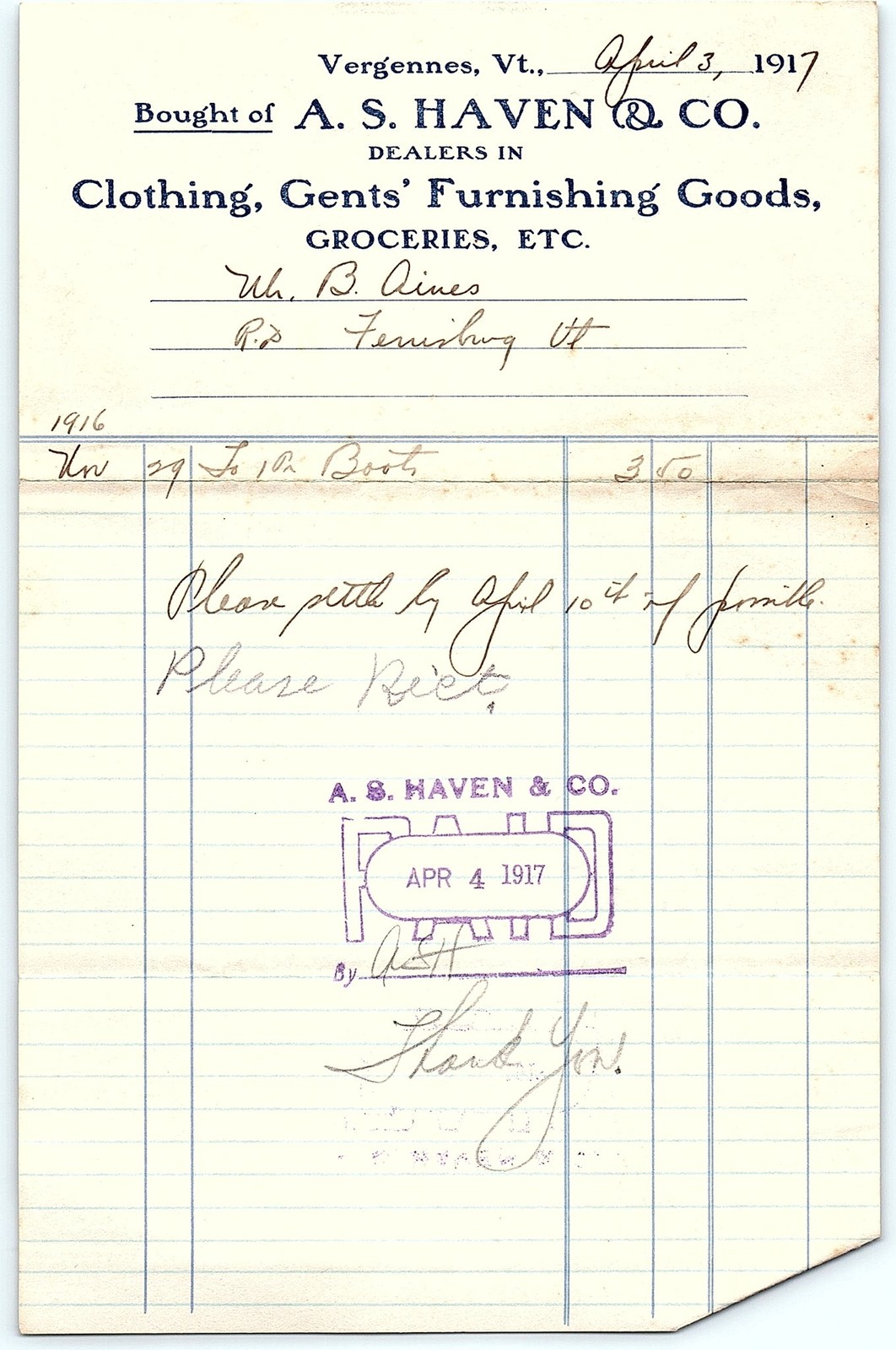 1917 Vergennes VT A. S. Haven & Co. Clothing Groceries Billh