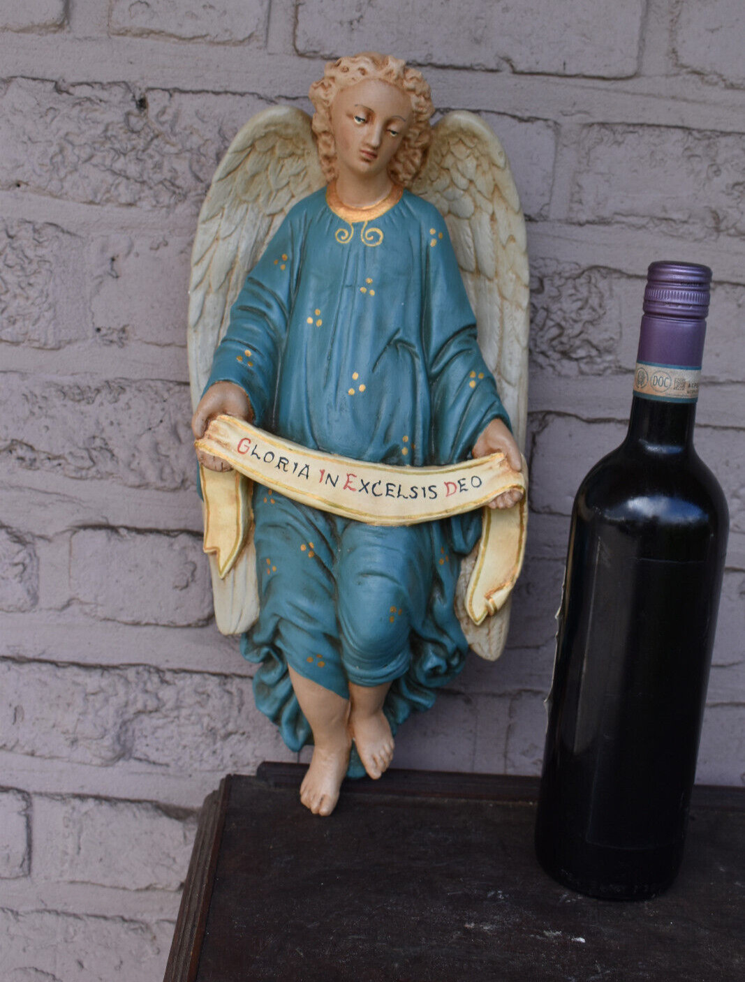 Antique chalk wall statue nativity angel with latin text religious
