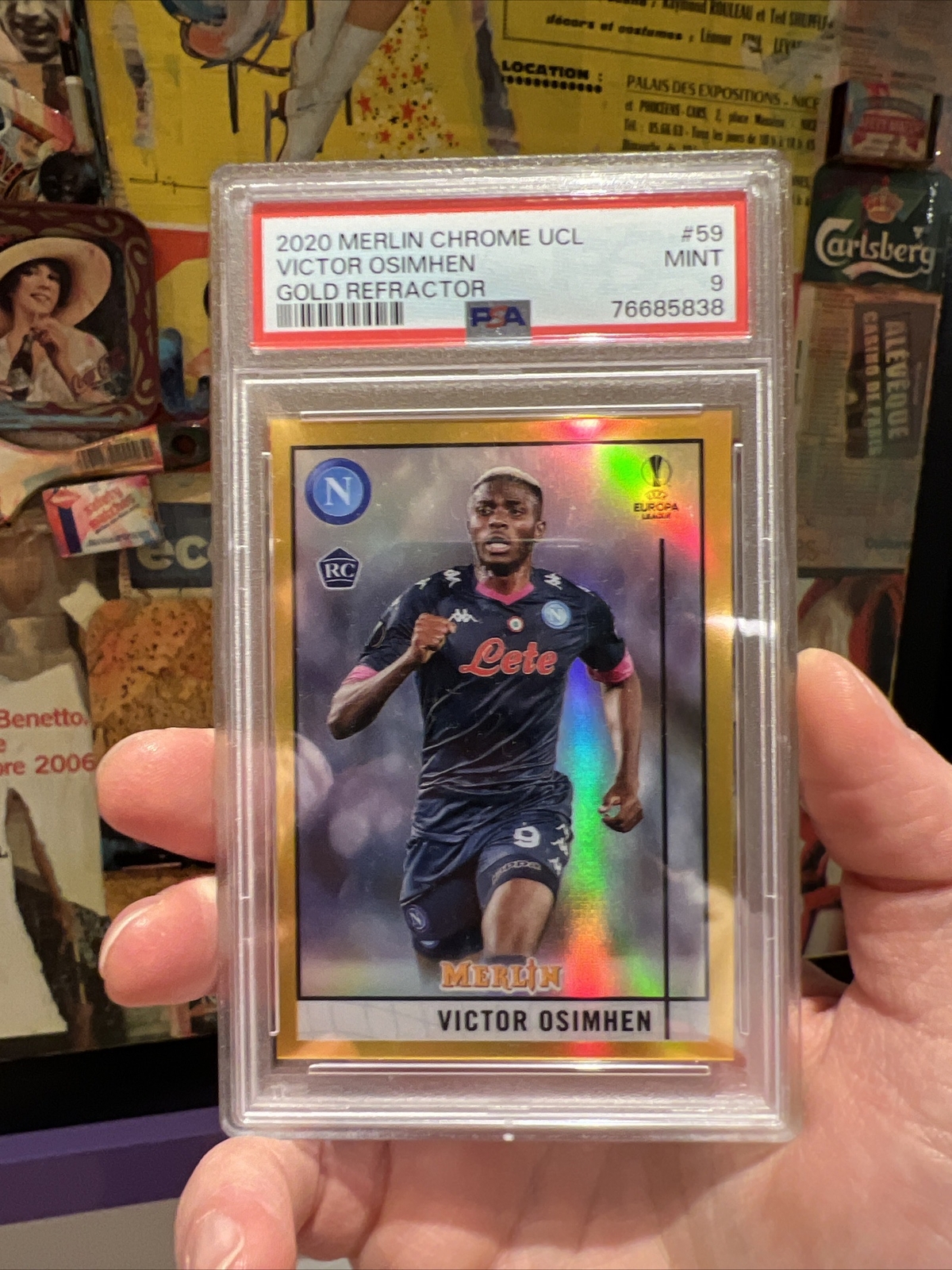 2020 Topps Merlin Chrome UCL Football Gold Victor Osimhen RC/50 PSA 9
