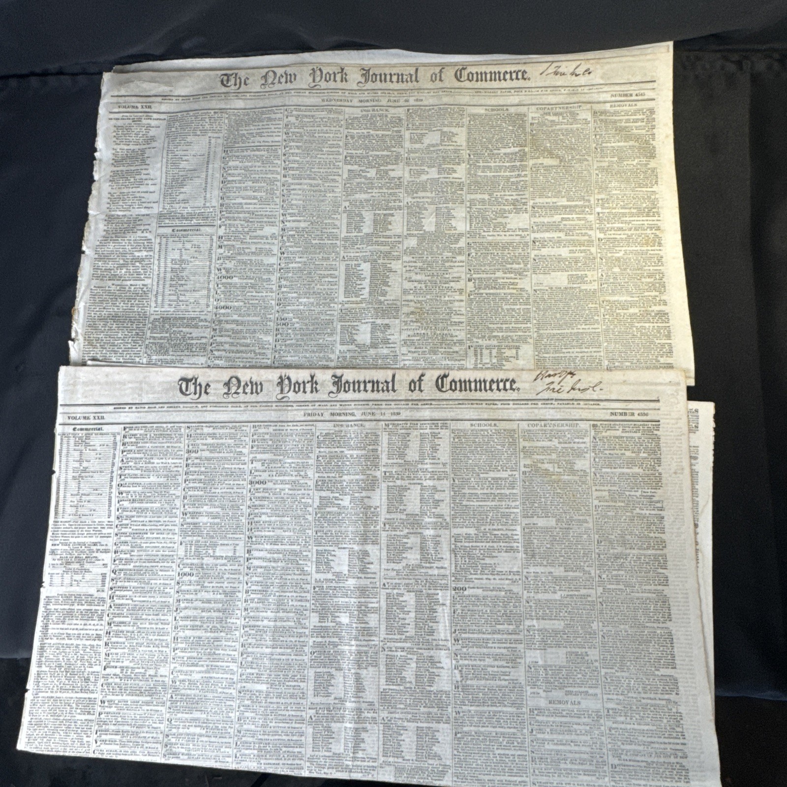 1839 Newspapers New York Journal of Commerce June 14 & 26- 2 Issues NYC History
