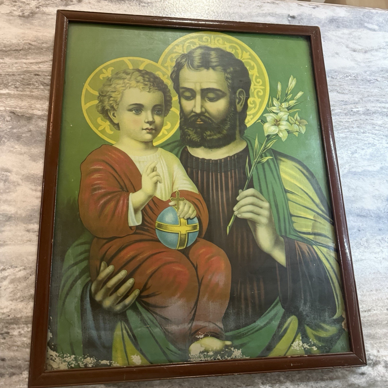 STUNNING LARGE VINTAGE FRAMED ST. JOSEPH & Christ Child PRINT 17 X 21 “
