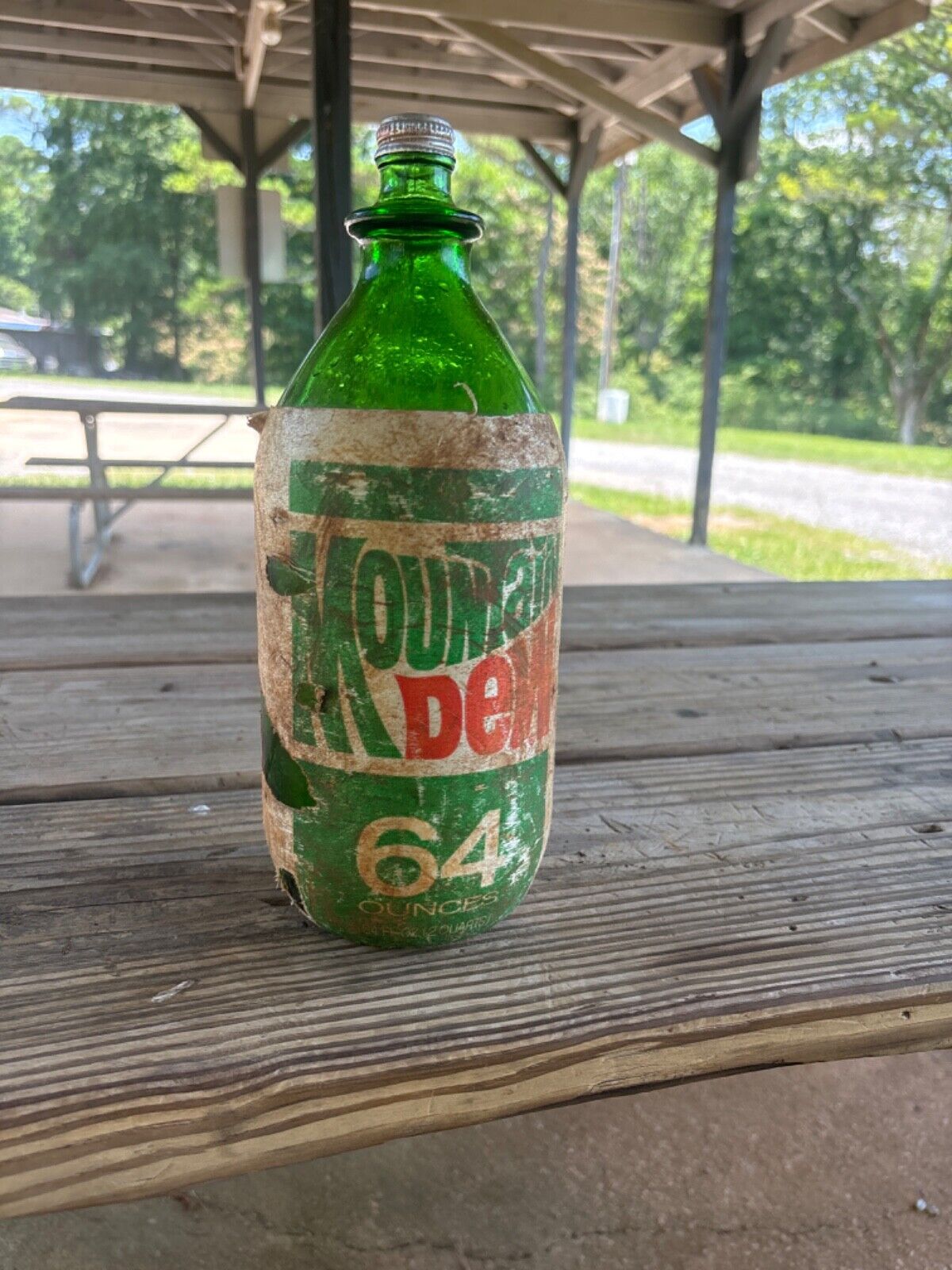 Vintage Mountain Dew Green Glass Bottle 64 oz with Styrofoam Label