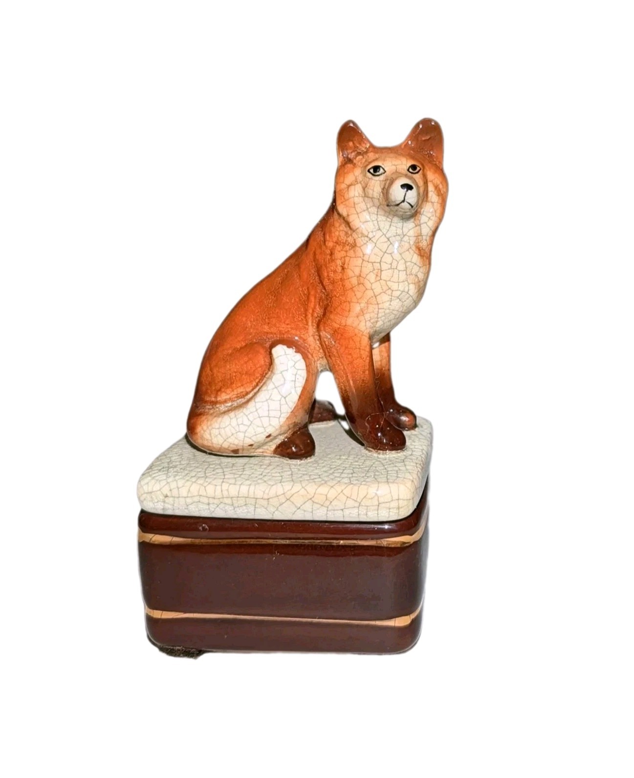 Vtg Takahashi Red Fox Trinket Box Seated Lid Crackle Glaze Ceramic MCM Japan A+