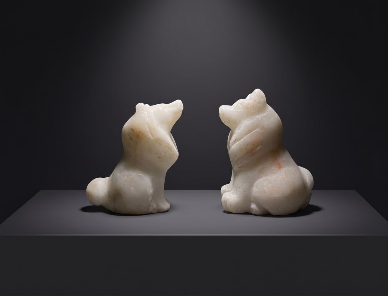 Vtg 2 White Marble Chukchi Dog Sculptures – Hand Carved Inuit Art Figurines